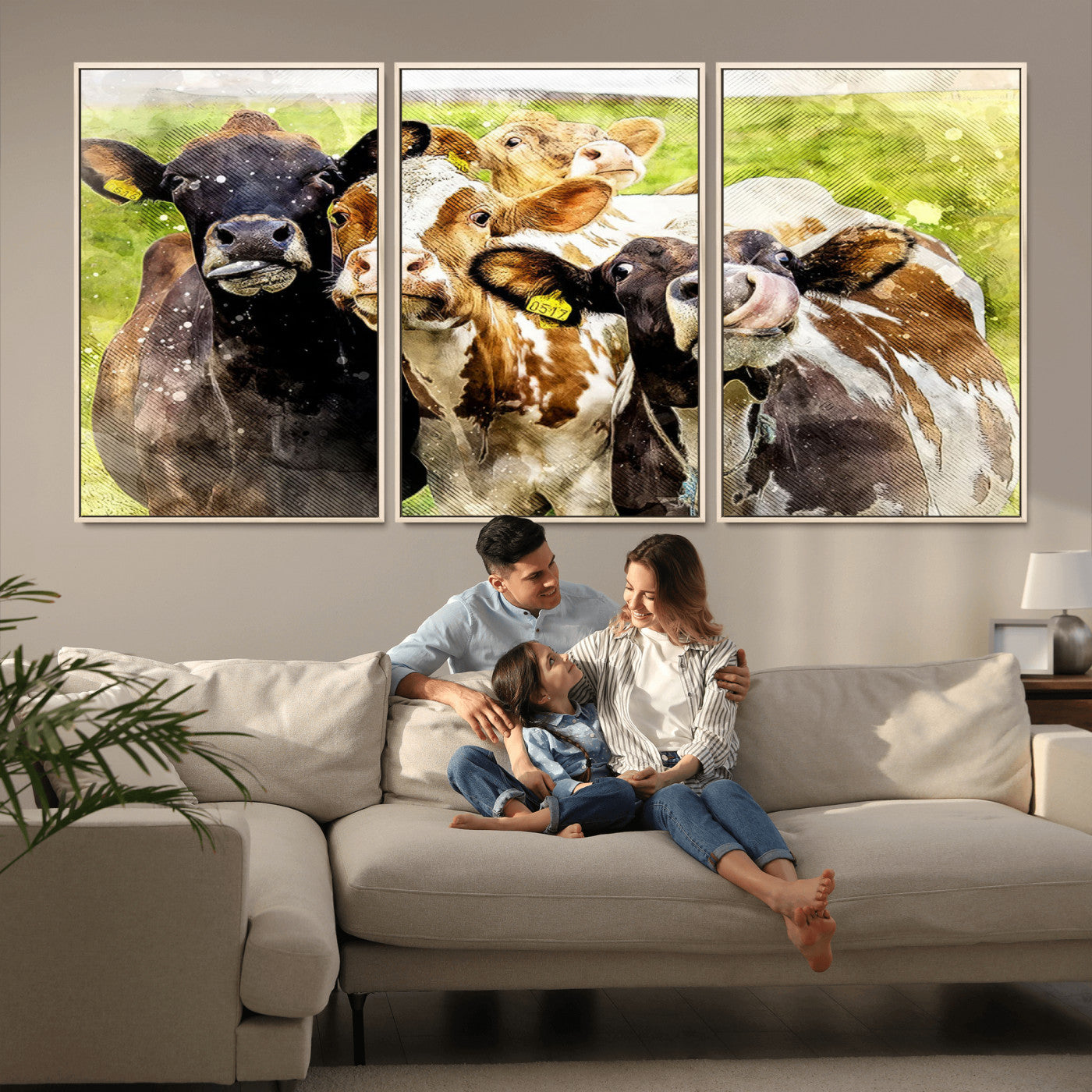 MGV-FC-60X30-3P - Curious Cows Farmhouse Wall Art | Ready to Hang and Framed Canvas Print | Rustic Farm Decor