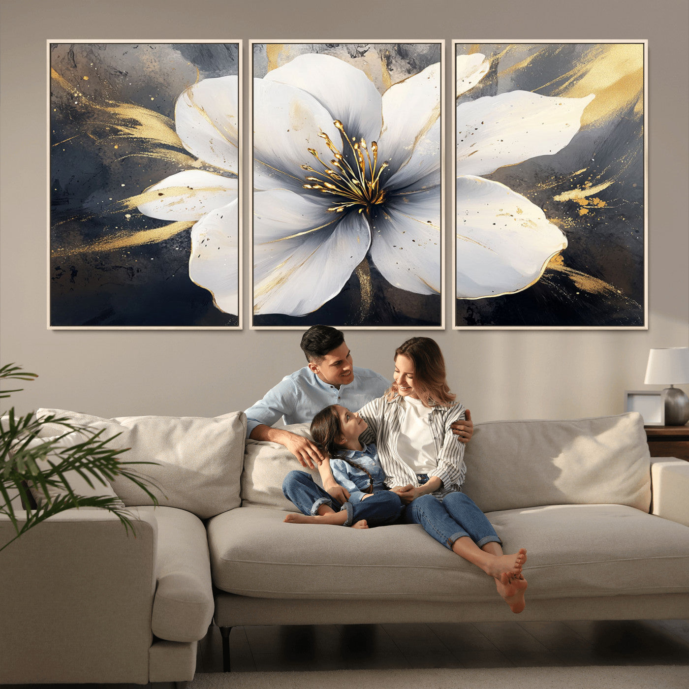 MGV-FC-60X30-3P - White Flower Wall Art Canvas Print | Ready to Hang | Abstract Floral Wall Decor | Elegant Bloom