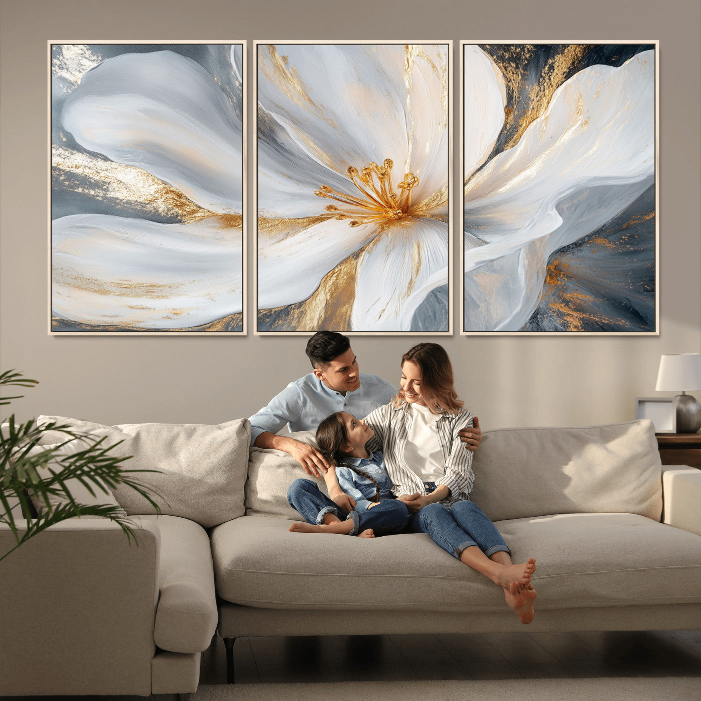83149-MGV-FC-60X30-3P_Natural-White and Gold Floral Canvas Wall Art - Framed and Ready to Hang - Perfect for Modern Living Rooms