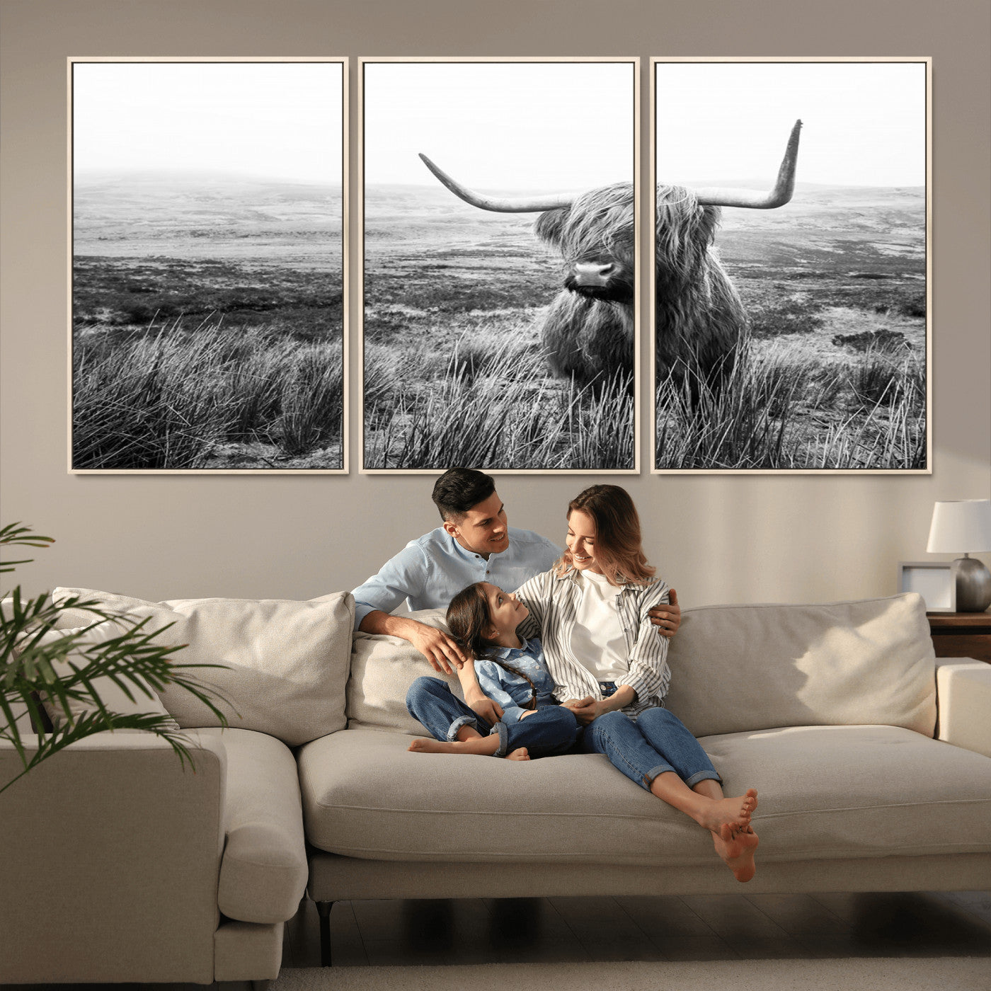 MGV-FC-60X30-3P - Scottish Highland Cow Wall Art | Black and White Canvas Print | Ready to Hang and Framed | Rustic