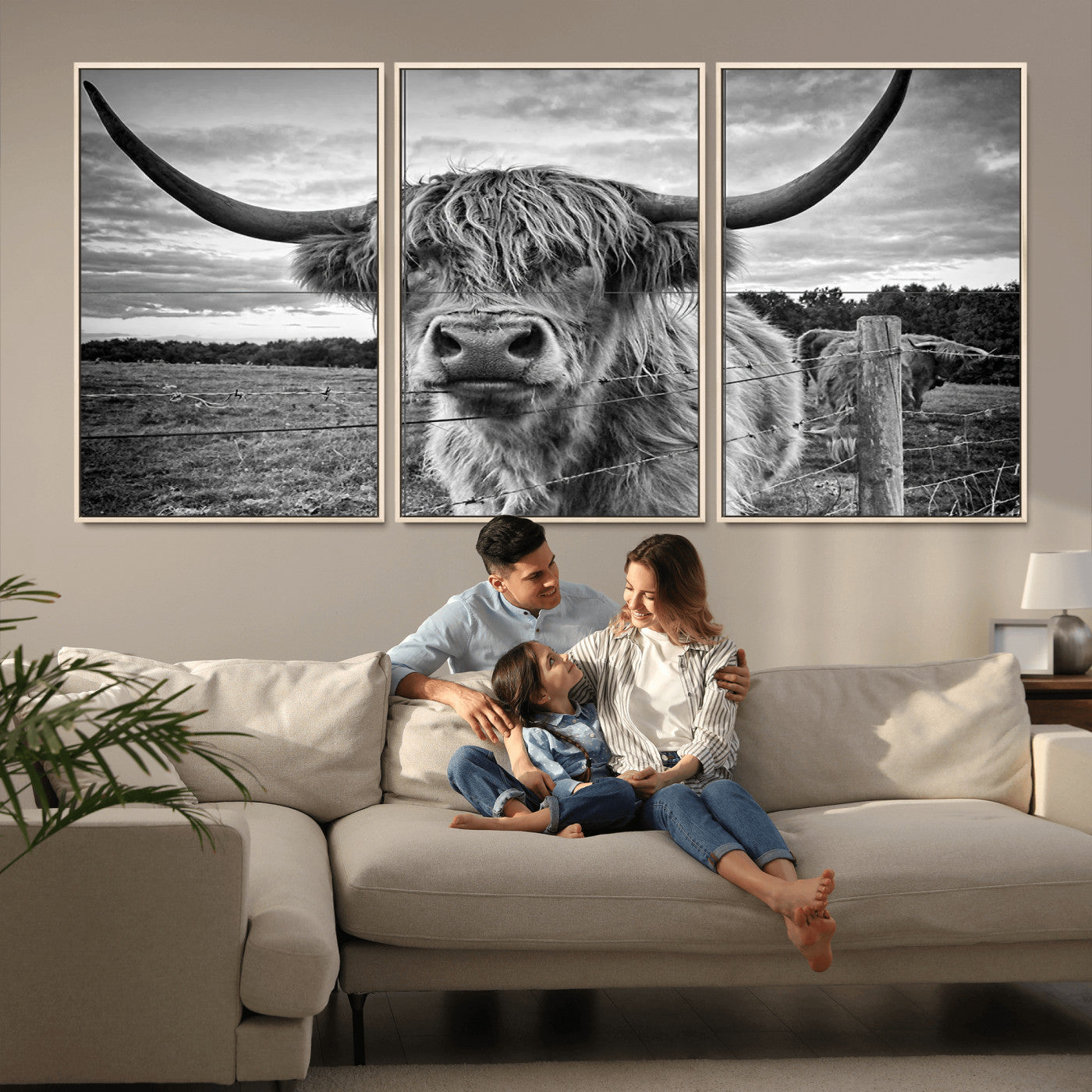 MGV-FC-60X30-3P - Scottish Highland Cow Wall Art Canvas Print | Ready to Hang and Framed | Rustic Farmhouse Decor