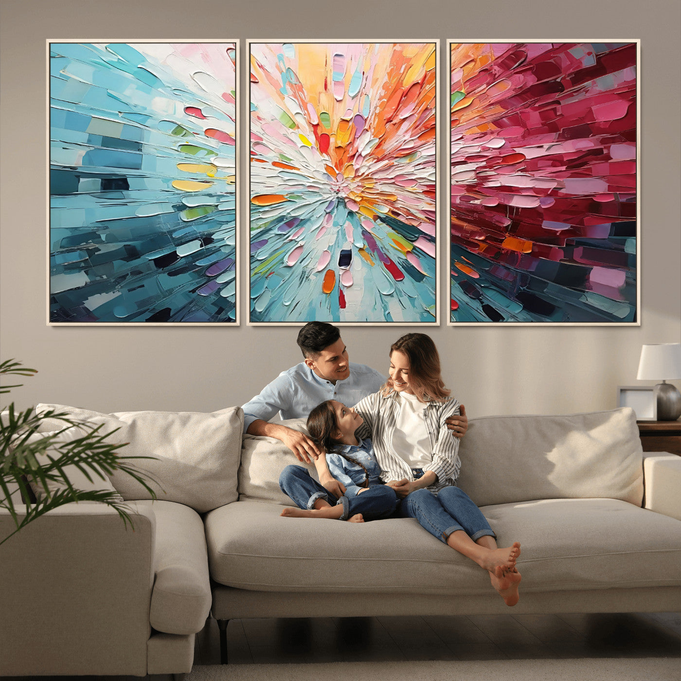 MGV-FC-60X30-3P - Radiant Bloom Abstract Floral Wall Art Canvas Print - Colorful Burst - Modern Living Room Decor -