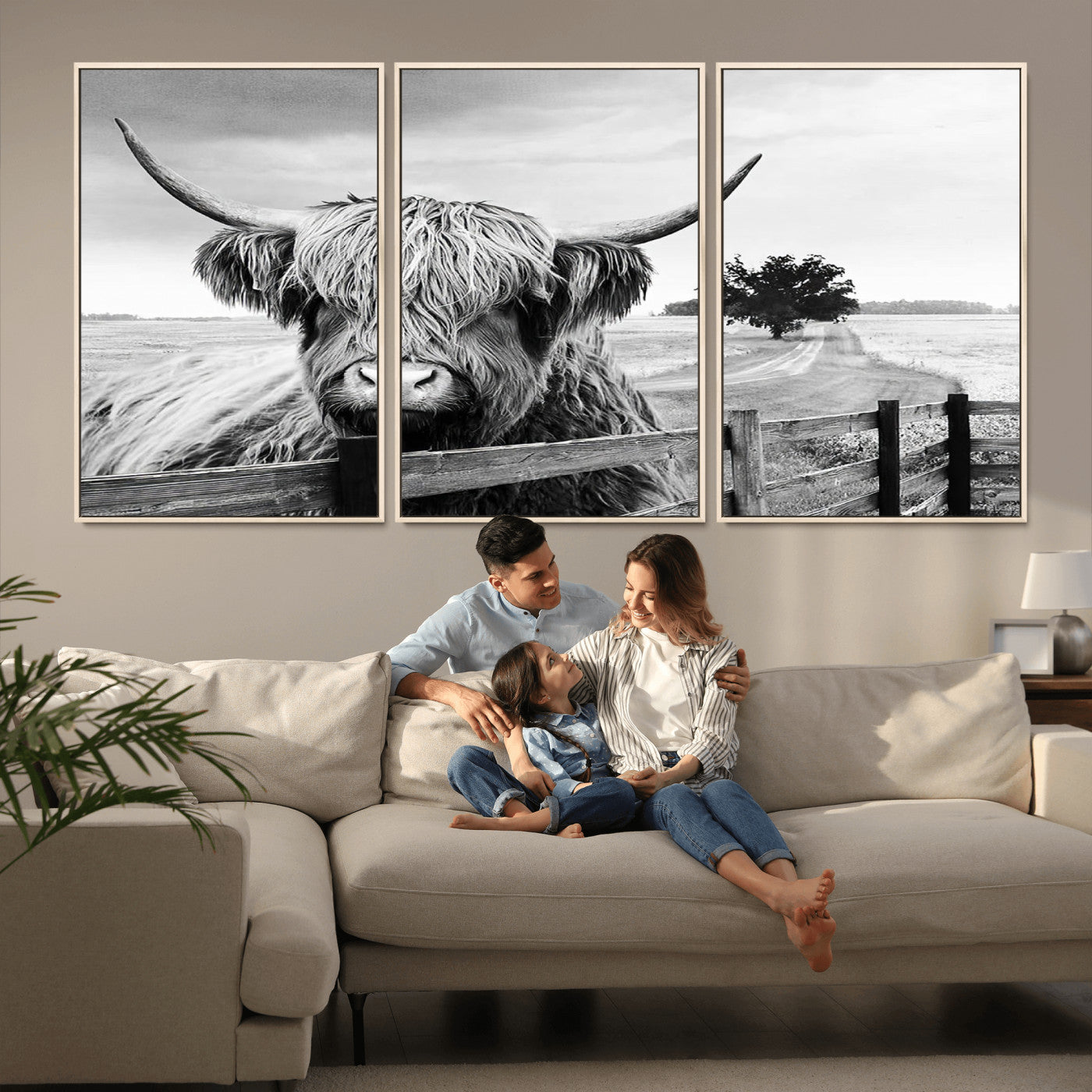 MGV-FC-60X30-3P - Scottish Highland Cow Wall Art | Rustic Farmhouse Décor | Black and White Ready to Hang Canvas Print