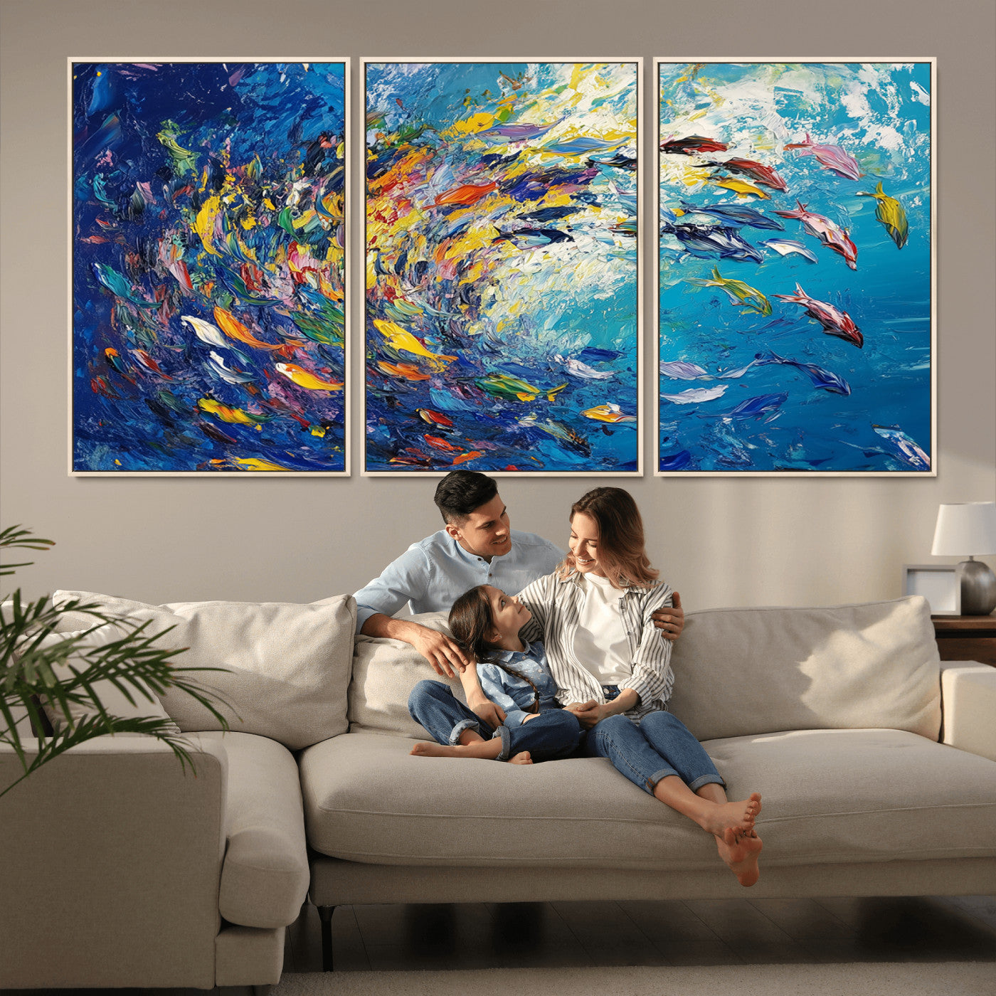 MGV-FC-60X30-3P - Colorful Swirling Fish School Wall Art Canvas Print | Oceanic Abstract Painting | Ready to Hang |