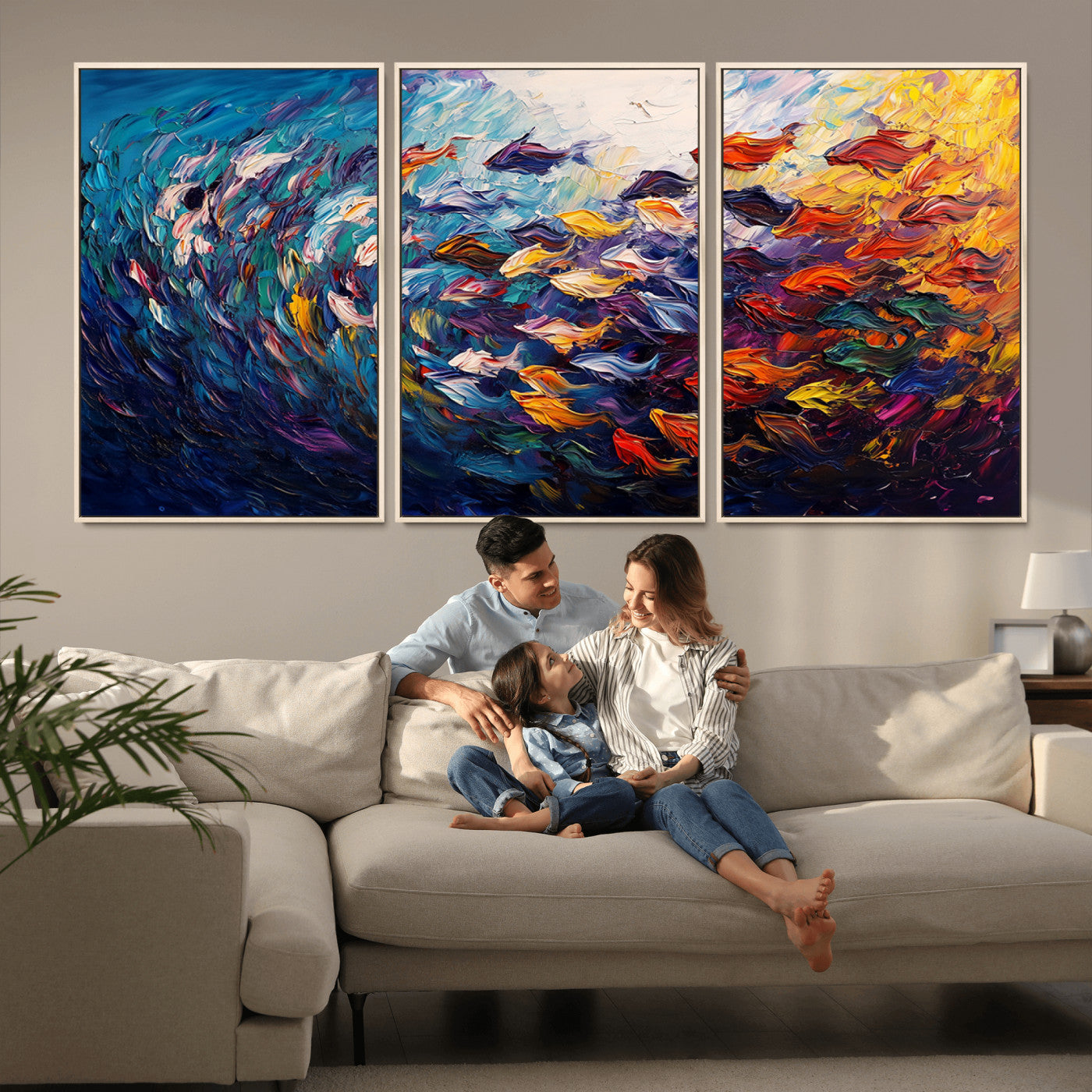 MGV-FC-60X30-3P - Vibrant Abstract Fish Swarm Art – Colorful Fish Inspired 3-Piece Canvas Wall Art for Living Room or