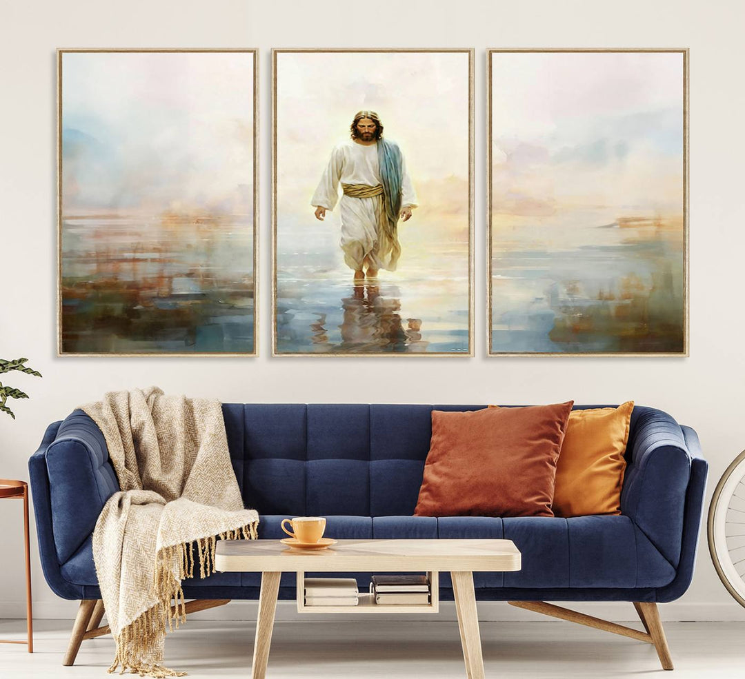 The 3-panel Framed Jesus Walking on Water Wall Art showcases a serene religious scene.