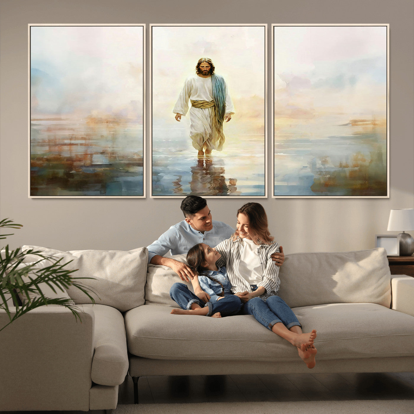 MGV-FC-60X30-3P - Framed Jesus Walking on Water Wall Art - 3-Panel Christian Canvas Prints, Religious Artwork for
