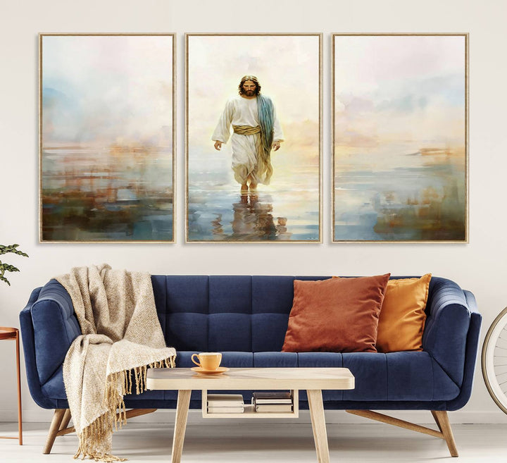 The 3-panel Framed Jesus Walking on Water Wall Art showcases a serene religious scene.