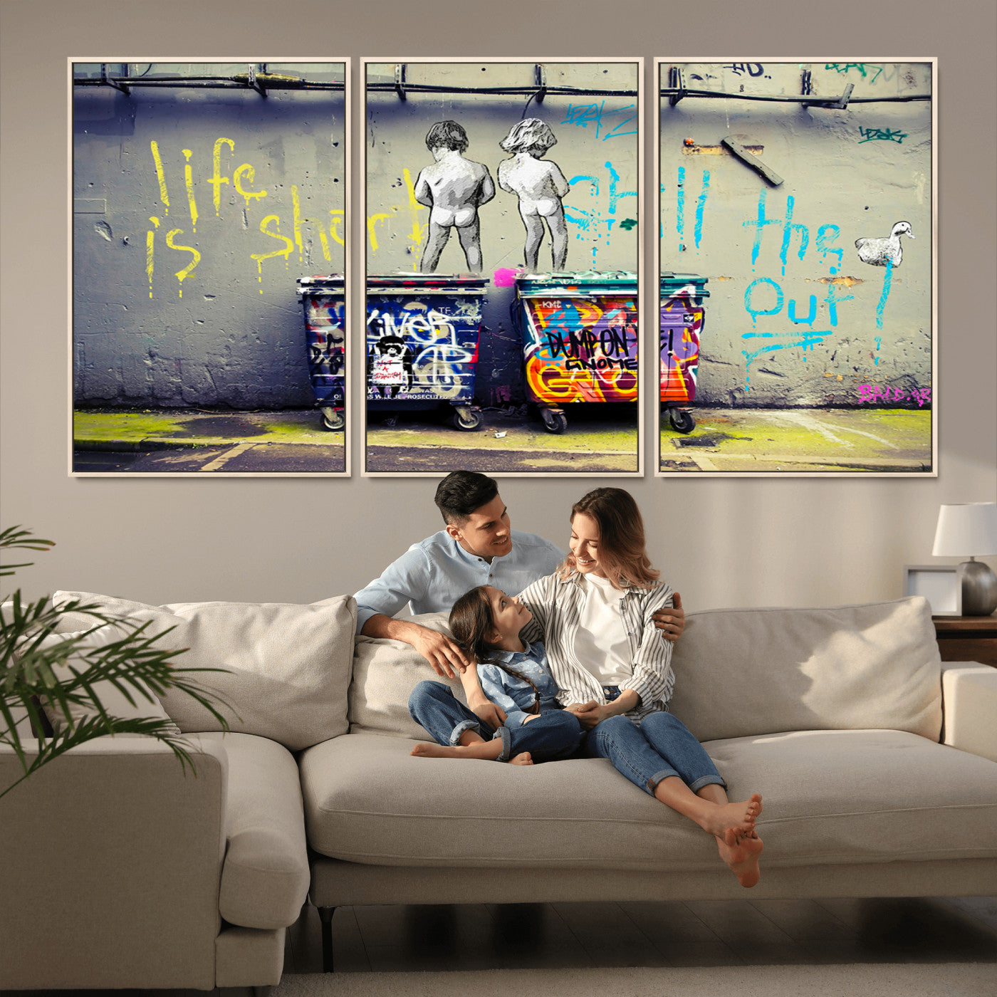 MGV-FC-60X30-3P - Banksy Life is Short Wall Art - Iconic Graffiti Art on Framed Ready-to-Hang Canvas - Street Art