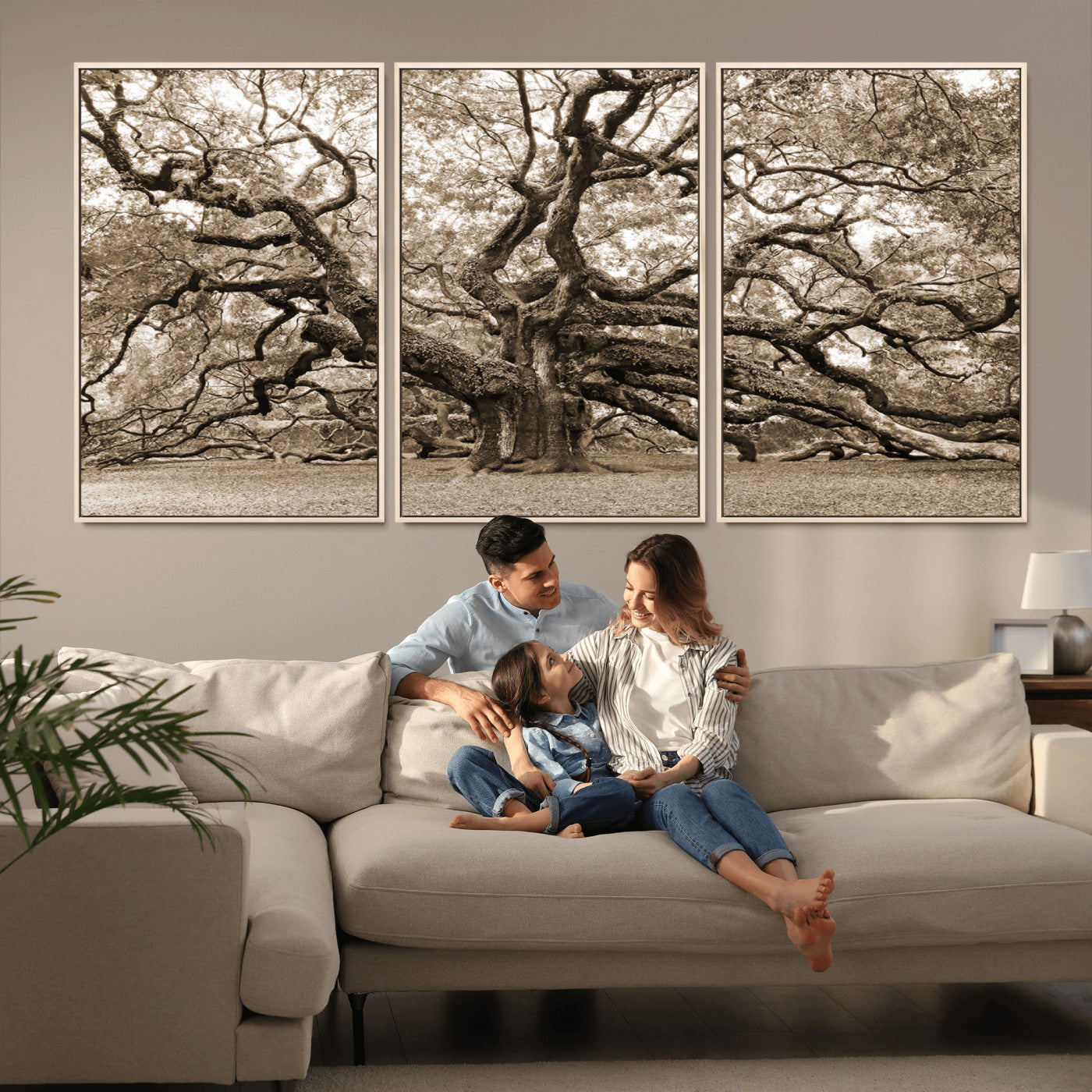 51126-MGV-CV-36X24-Sepia Framed Angel Oak Tree Wall Art - 3-Panel Canvas Prints, Large Green Nature Artwork, Ready to