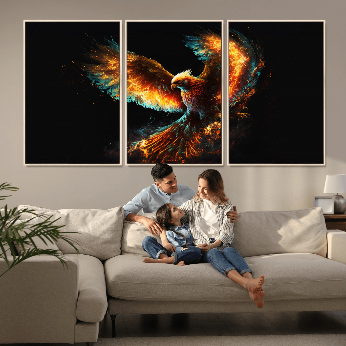 MGV-FC-60X30-3P - Fiery Phoenix Canvas Print | Ready to Hang Wall Art | Bold Fantasy Decor for Living Room | Majestic
