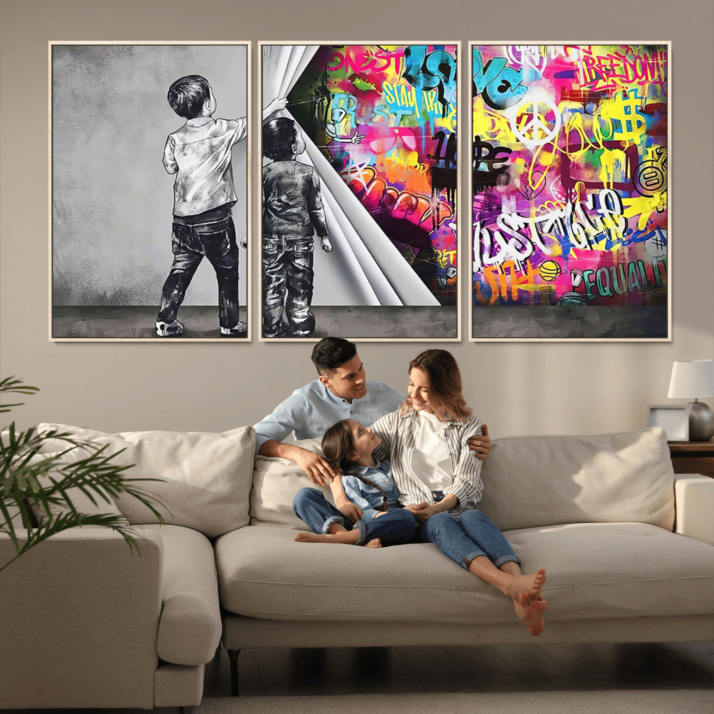 MGV-FC-60X30-3P - Banksy Print - Street Art Canvas Wall Art - Kids Revealing Graffiti, Urban Modern Decor for Living