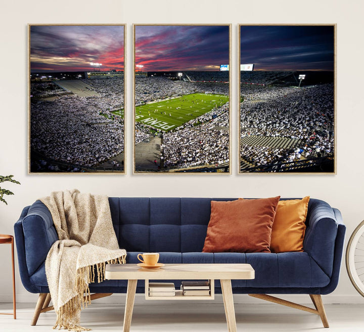 A sunset print on a canvas wall art piece captures the scene of white-clad fans at Beaver Stadium for the Nittany Lions game.