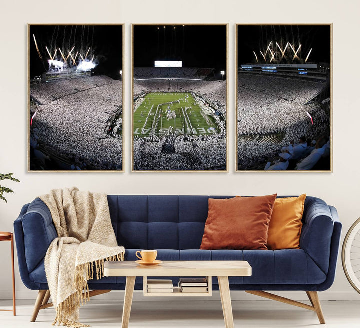 Wide-angle print of a packed stadium with fireworks, ideal gallery-quality wall art - Penn State Nittany Lions Canvas.