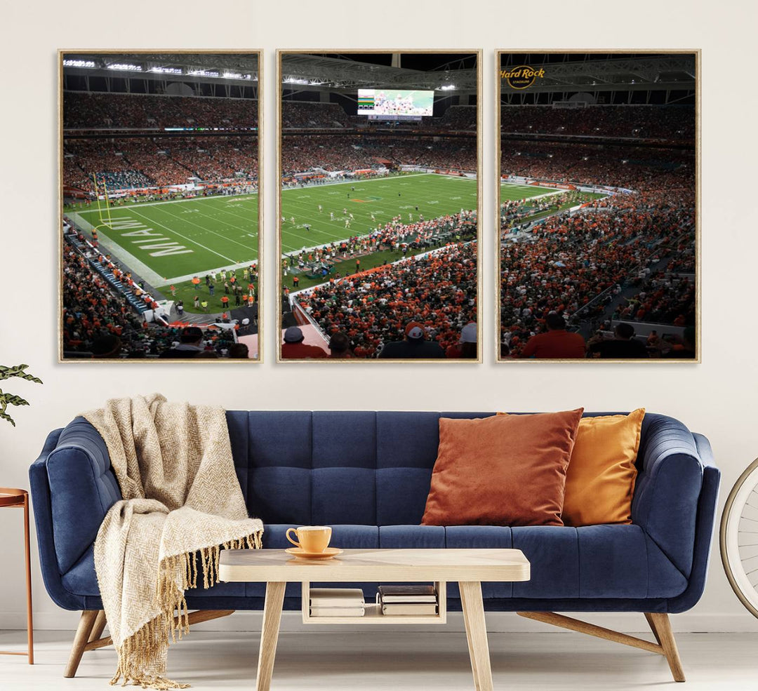 Aerial view of a Miami Hurricanes game at Hard Rock Stadium captured on canvas print, showcasing the teams on the field and fans in the stands.