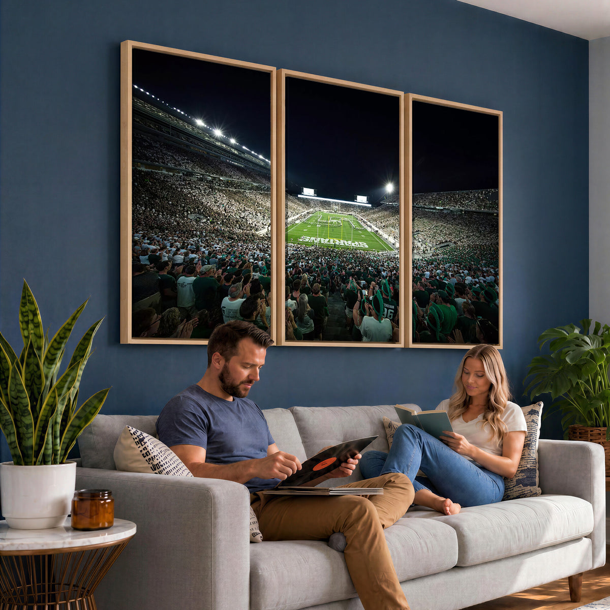 57523-PAN-FL-20X10 - Framed Michigan State Spartans Football Team Print - East Lansing Spartan Stadium Wall Art Canvas