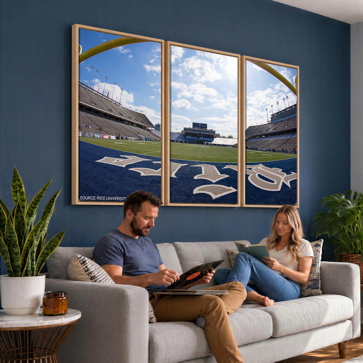 50267-MGV-CV-36X24 - Rice University Owls Football Team Print, Houston Rice Stadium, Framed and Ready to Hang