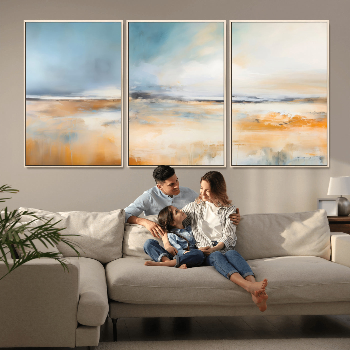 -Abstract Landscape Wall Art Canvas Print - Warm Tones of Orange and Blue, Modern Framed Art for Home