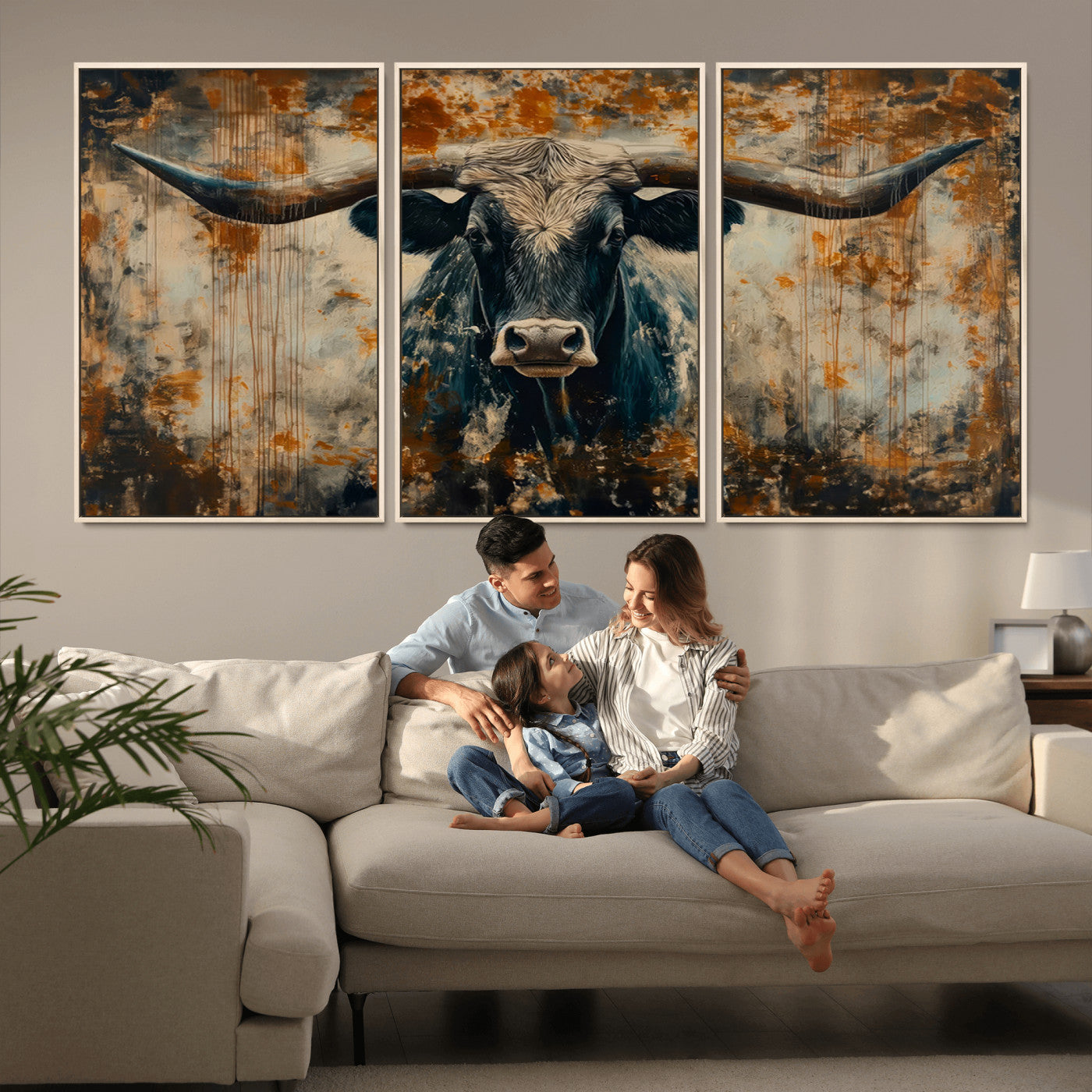 MGV-FC-60X30-3P - Abstract Longhorn Bull Wall Art | Rustic Western Wall Decor | Framed and Ready to Hang | Ideal for