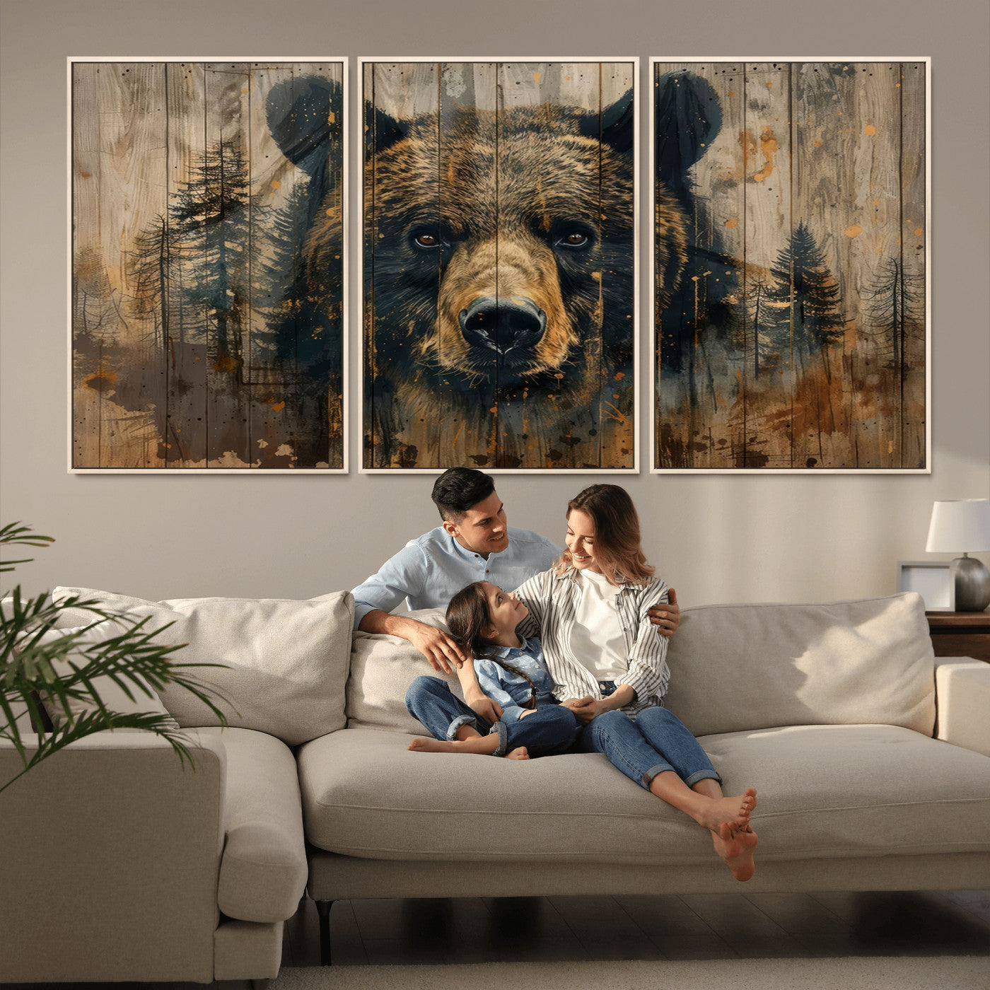 MGV-FC-60X30-3P - Abstract 399 Bear Wall Art | Rustic Cabin Wall Decor with Forest Design | Framed and Ready to Hang |