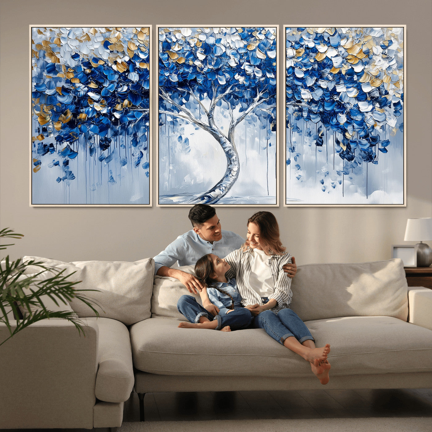 MGV-FC-60X30-3P - Blue and Gold Abstract Tree Wall Art Canvas Print | Modern Tree of Life Painting | Framed Canvas