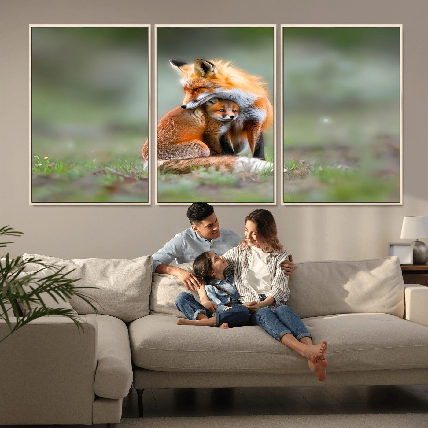 MGV-FC-60X30-3P - Heartwarming Fox and Baby Cub Wall Art | Ready to Hang Canvas Print of Foxes in Nature | Perfect for