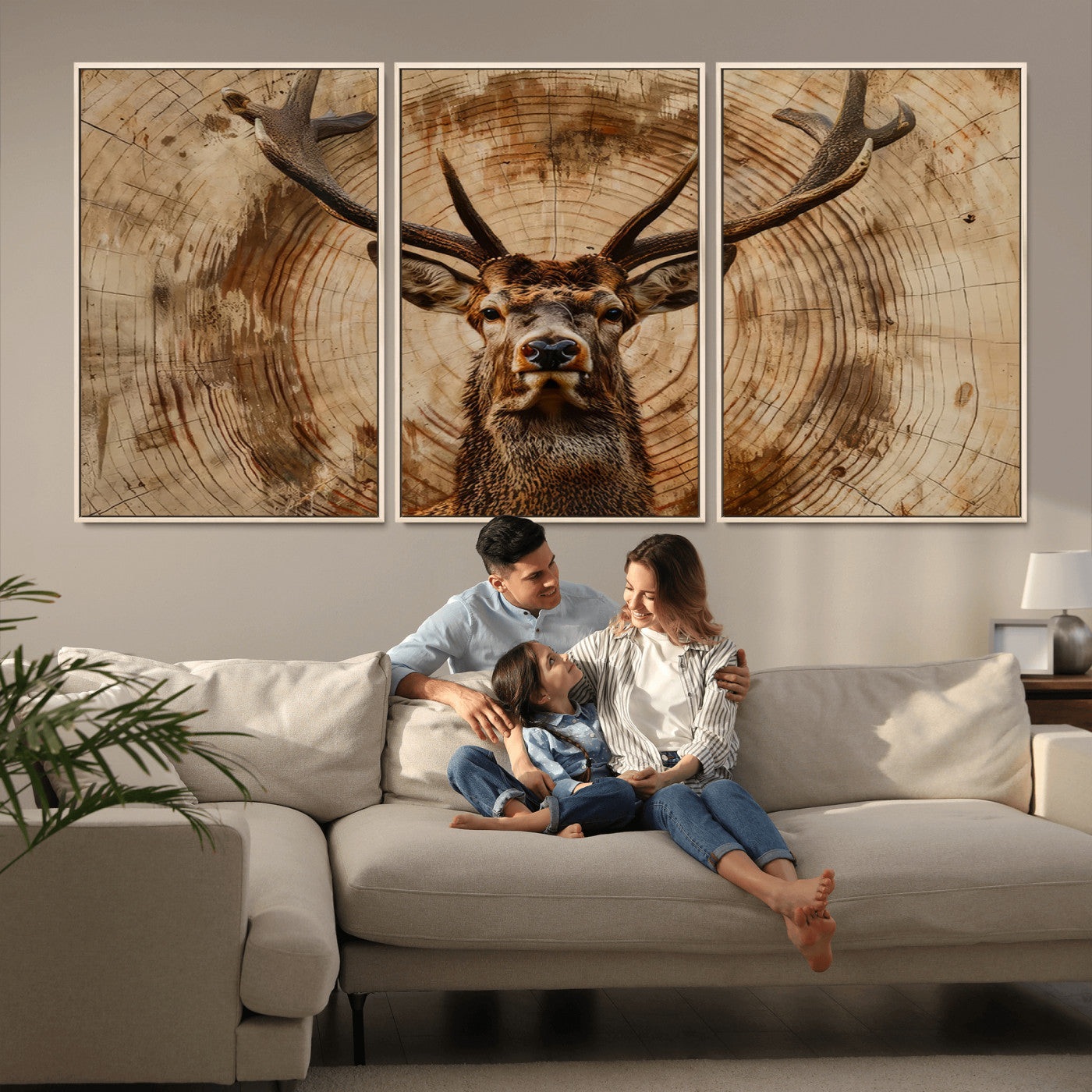 MGV-FC-60X30-3P - Wood Abstract Deer Wall Art | Rustic Wildlife Canvas Print | Ready to Hang Stag Head Triptych for