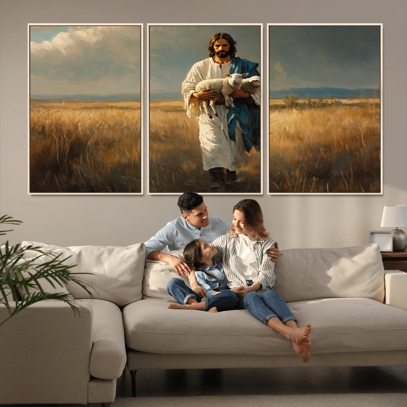 MGV-FC-60X30-3P - Jesus Shepherd Wall Art | Ready to Hang Triptych Canvas of Jesus Holding a Lamb in a Field |