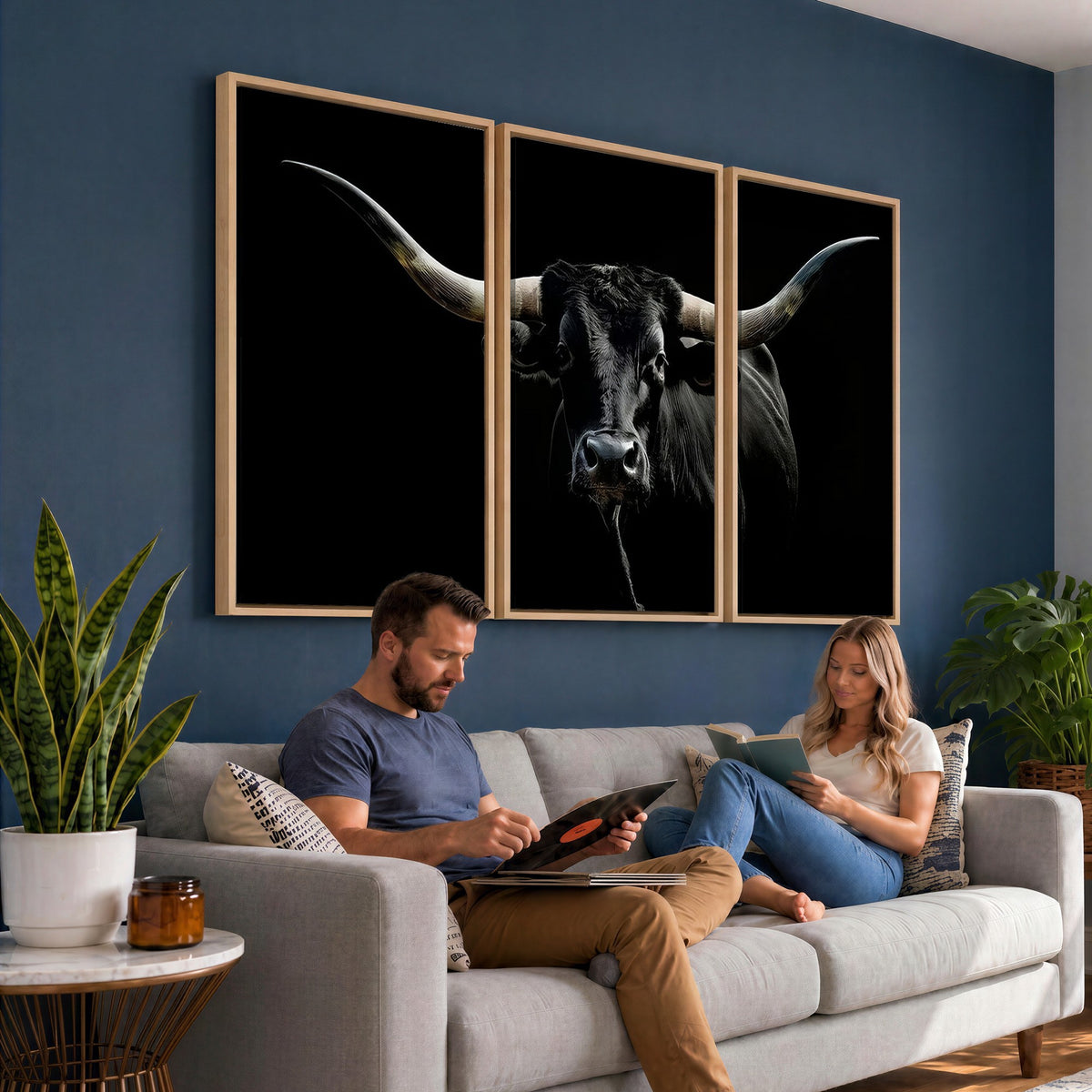 20679-MGV-CV-24X16 - Texas Black Longhorn Bull Wall Art Canvas Print, Western Cattle Rustic Decor
