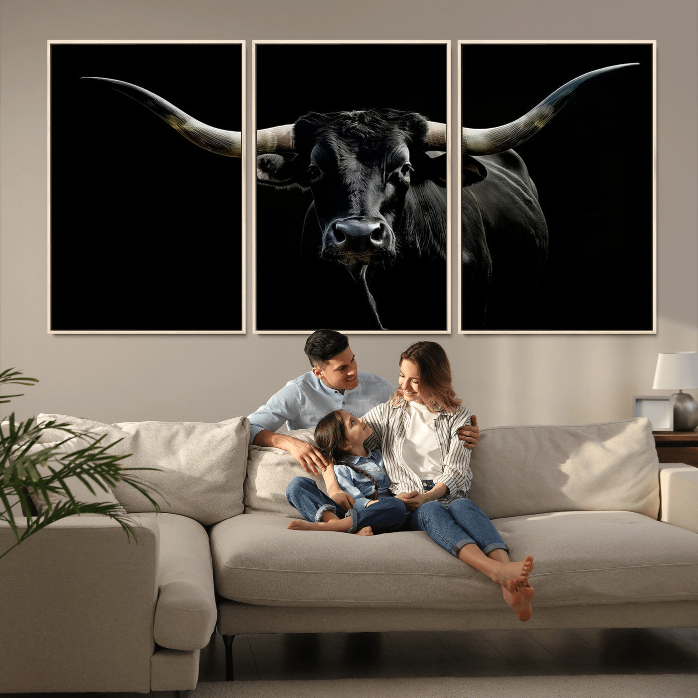 MGV-FC-60X30-3P - Texas Black Longhorn Bull Wall Art Canvas Print - Western Texas Cattle Rustic Decor Print - Longhorn