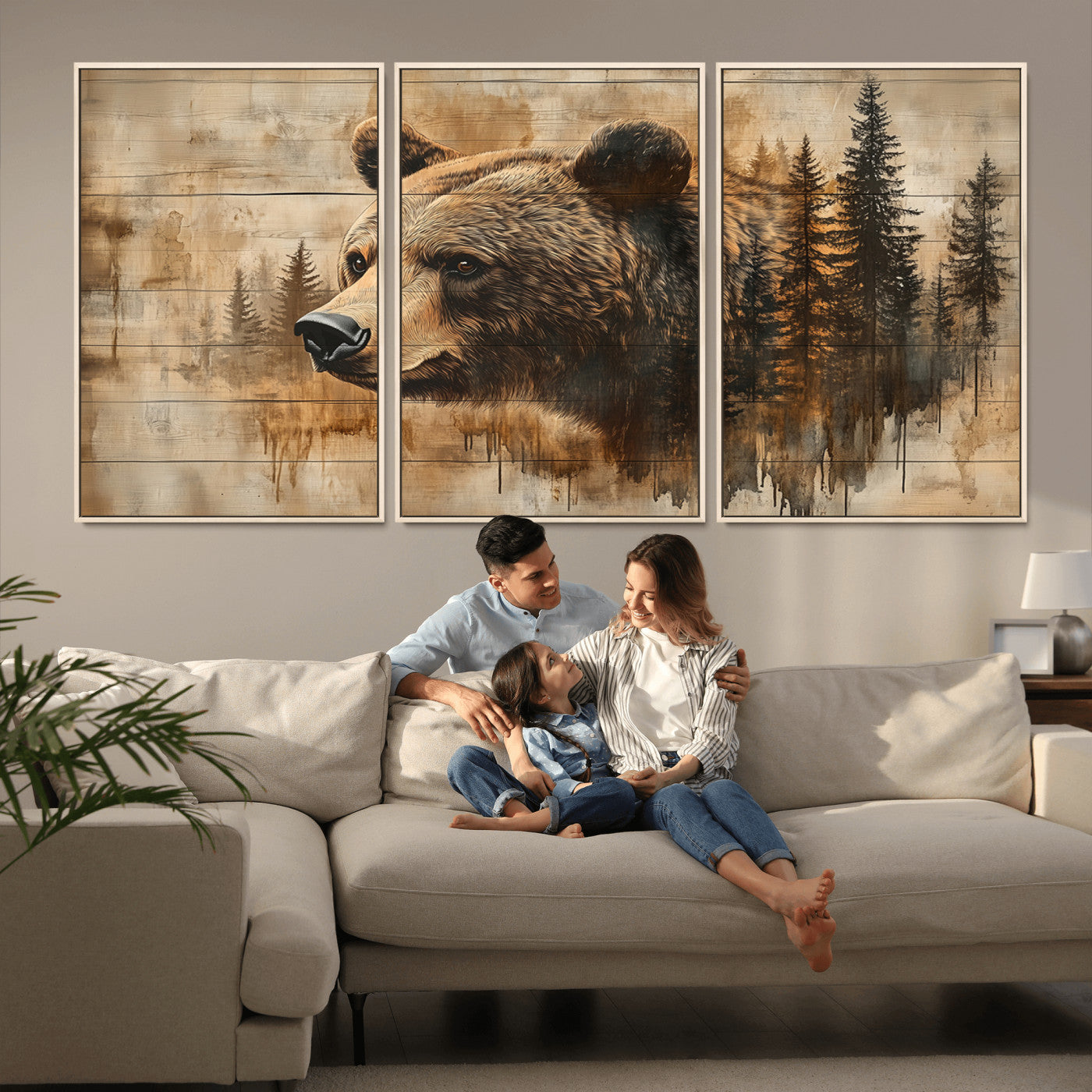 MGV-FC-60X30-3P - Rustic Grizzly Bear Wall Art, Abstract Grizzly 399 Bear Wall Art Canvas Print - Woodland Wildlife