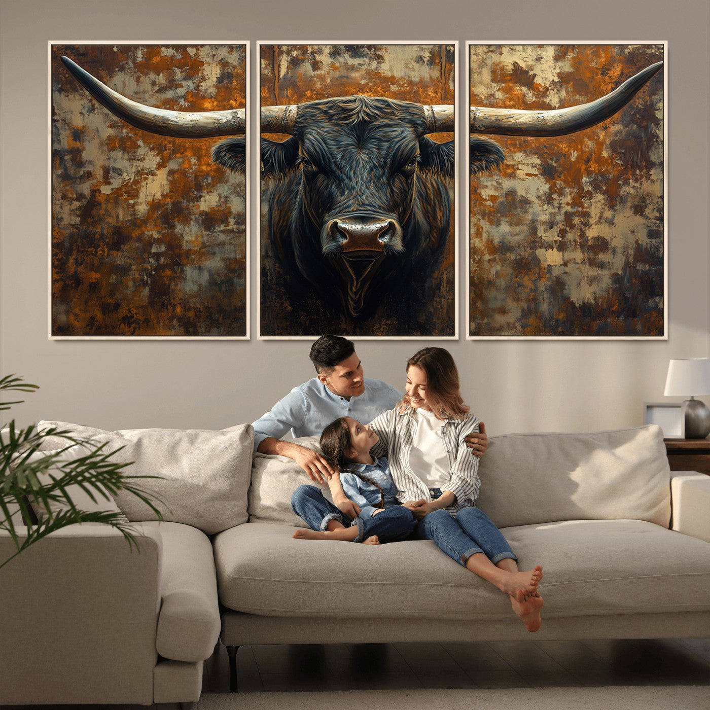 MGV-FC-60X30-3P - Longhorn Texas Cow Bull Wall Art | Rustic Farmhouse Canvas Print | Ready to Hang Barn Decor for