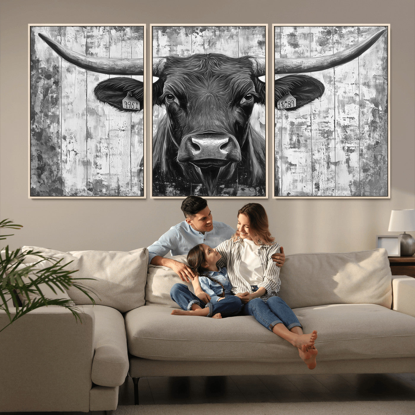 MGV-FC-60X30-3P - Abstract Longhorn Bull Wall Art Canvas Print - Rustic Texas Western Cow Artwork