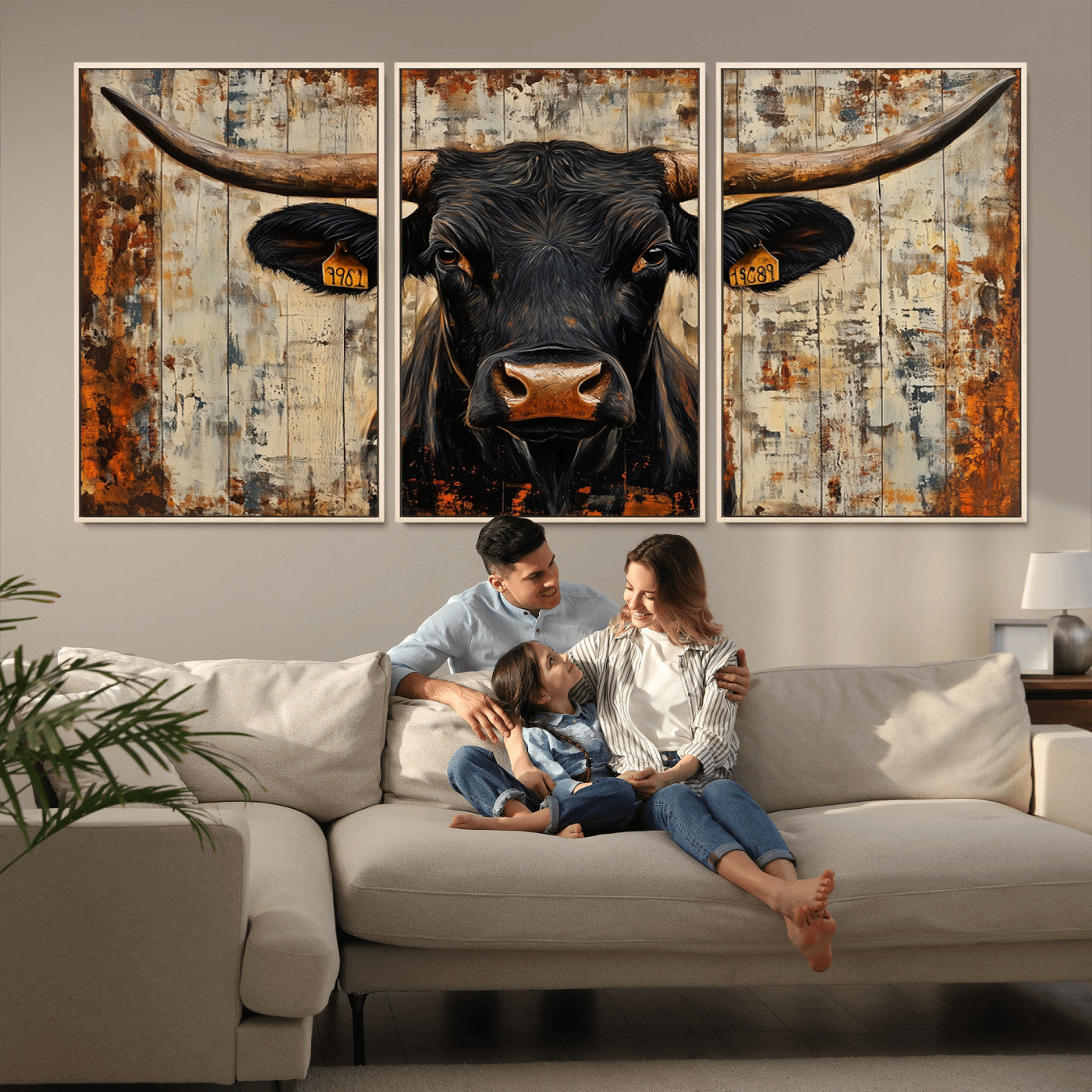 MGV-FC-60X30-3P - Rustic Texas Artwork Wall Art Canvas Print - Abstract Cow Longhorn Bull Wall Art Canvas Print