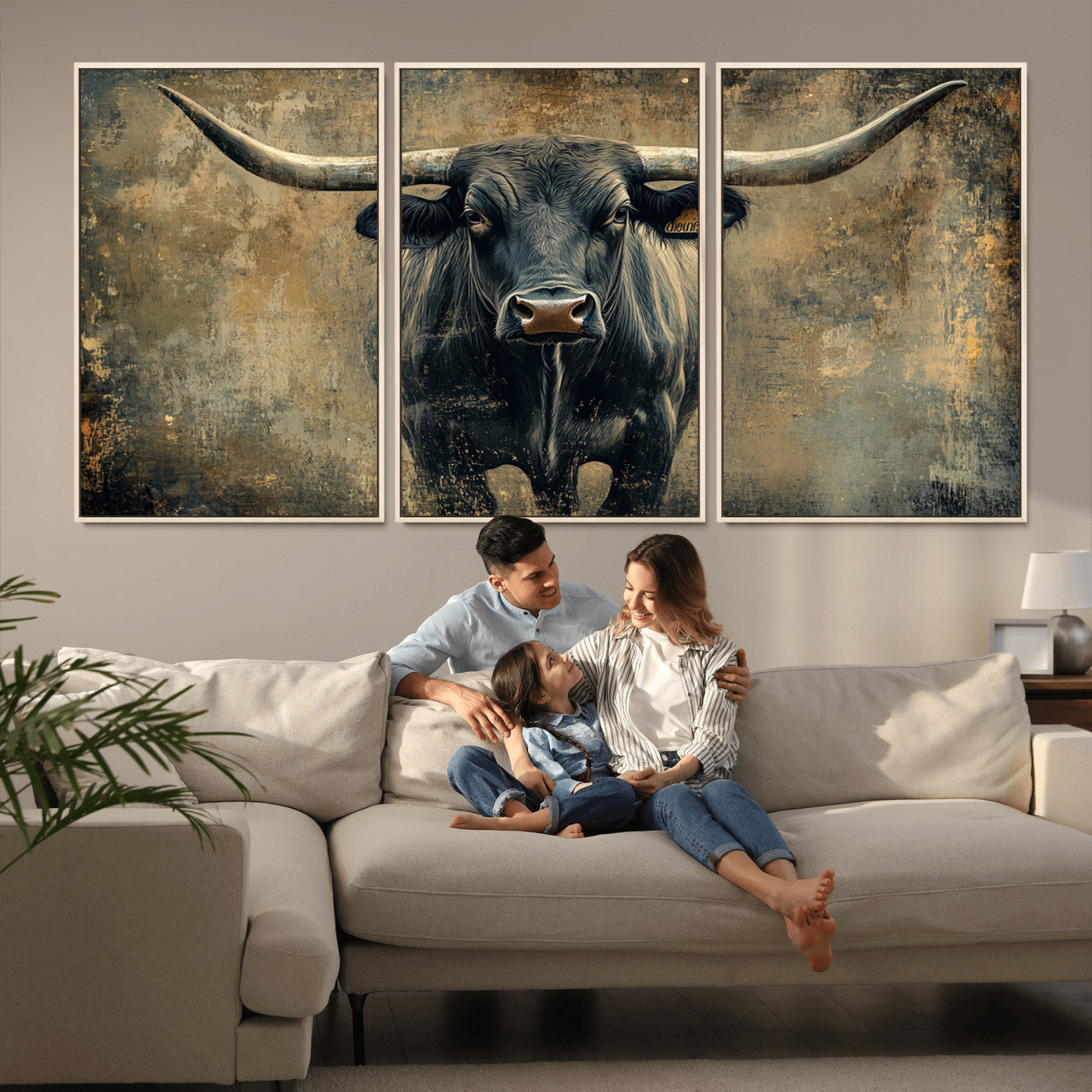 MGV-FC-60X30-3P - Longhorn Bull Wall Art Canvas Print, Framed Rustic Cow Art Picture Print, Texas Longhorn Perfect Western Decor Artwork