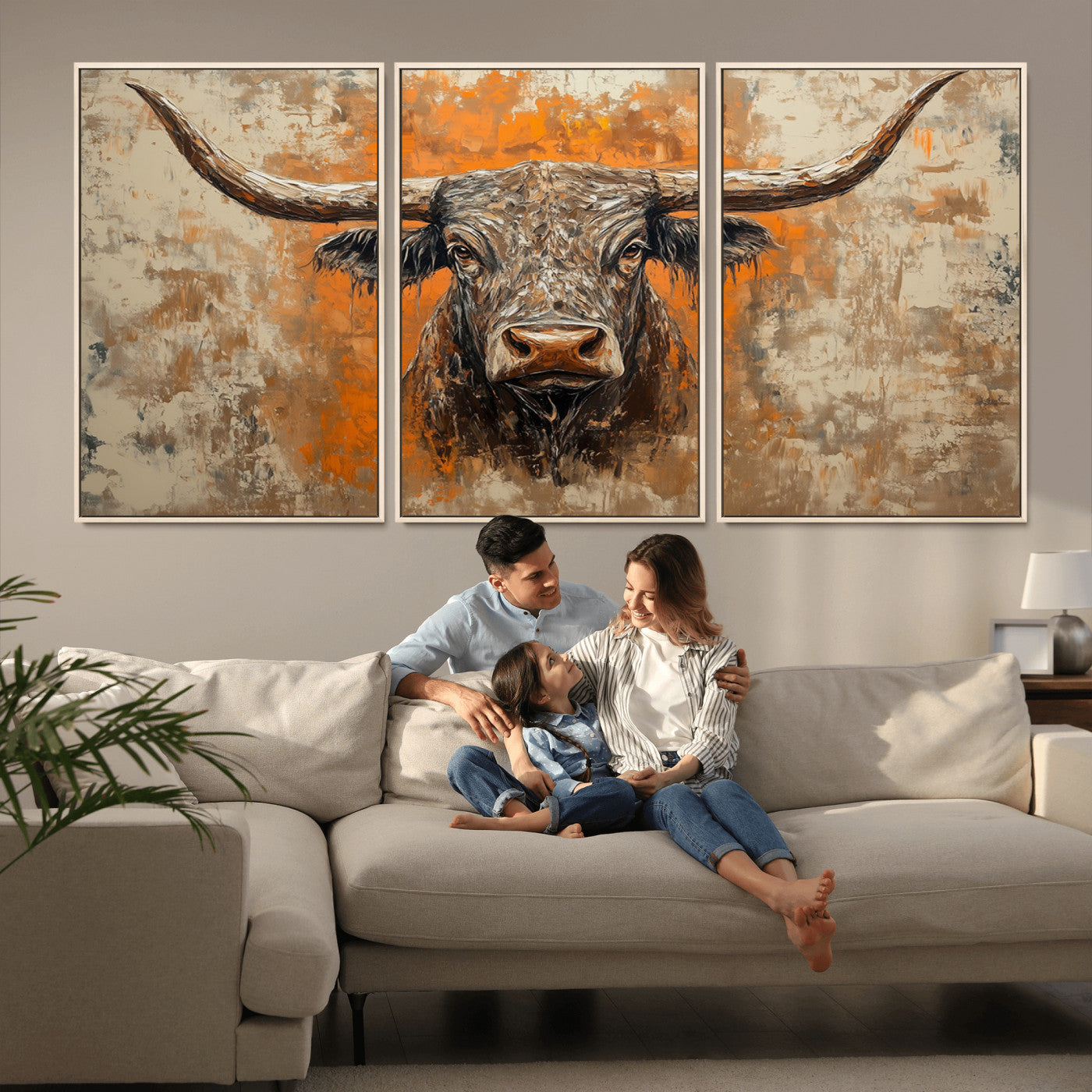 MGV-FC-60X30-3P - Abstract Cow Longhorn Bull Wall Art Canvas Print - Rustic Texas Western Cattle Artwork