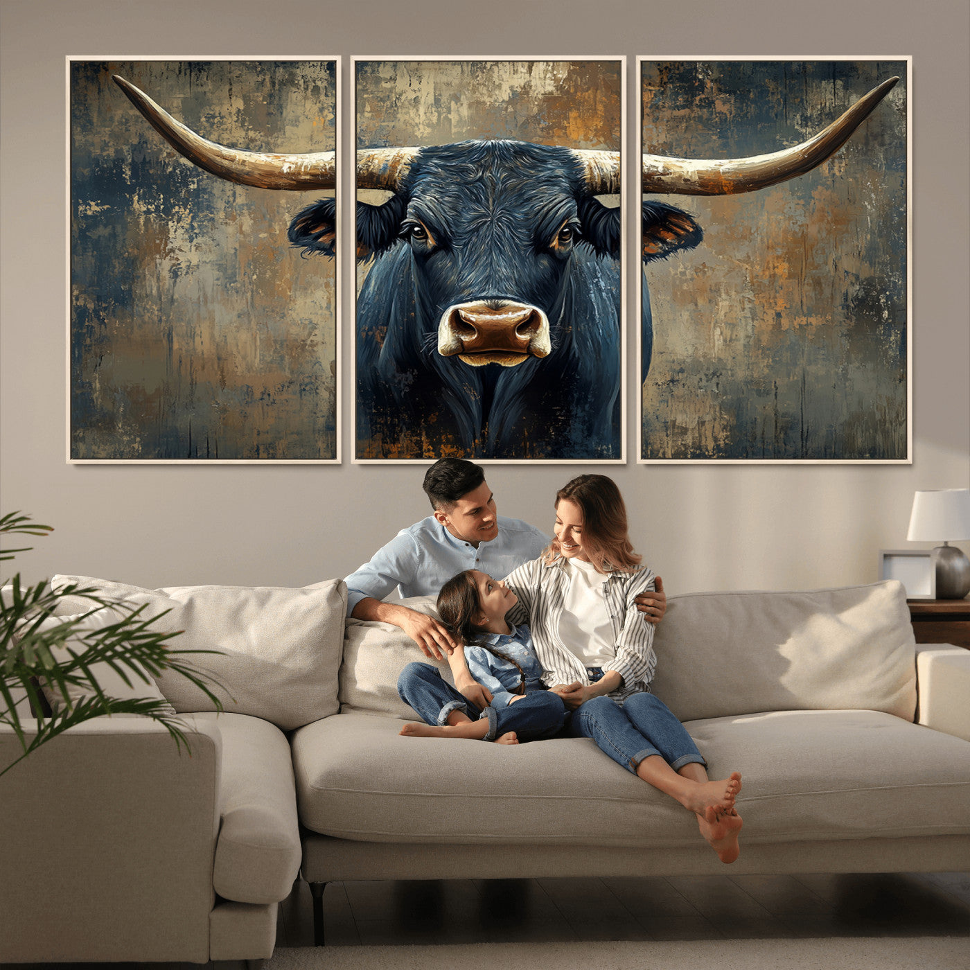 MGV-FC-60X30-3P - Texas Western Wall Art Canvas Print - Abstract Cow Longhorn Bull Wall Art Canvas Print - Rustic Cow