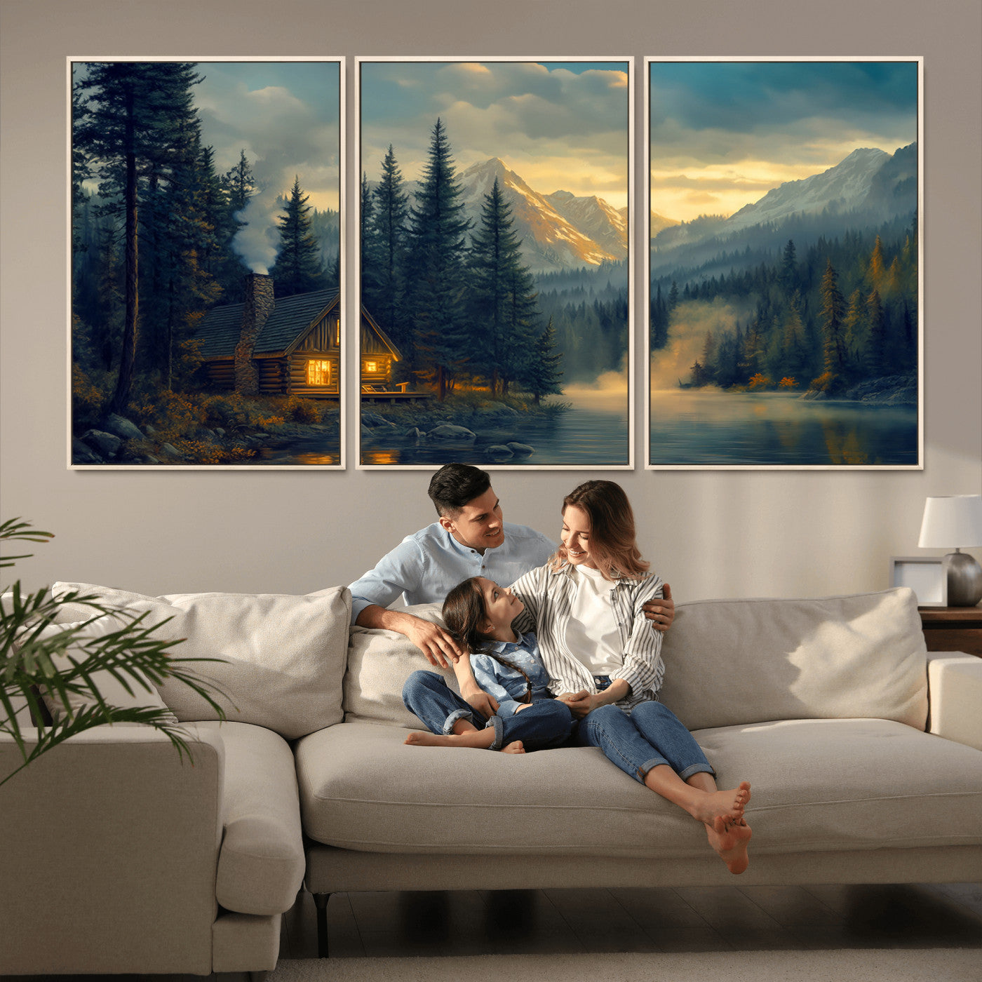 MGV-FC-60X30-3P - Mountain Cabin by the Lake at Sunset Wall Art - Serene Nature Canvas Print for Living Room Decor,