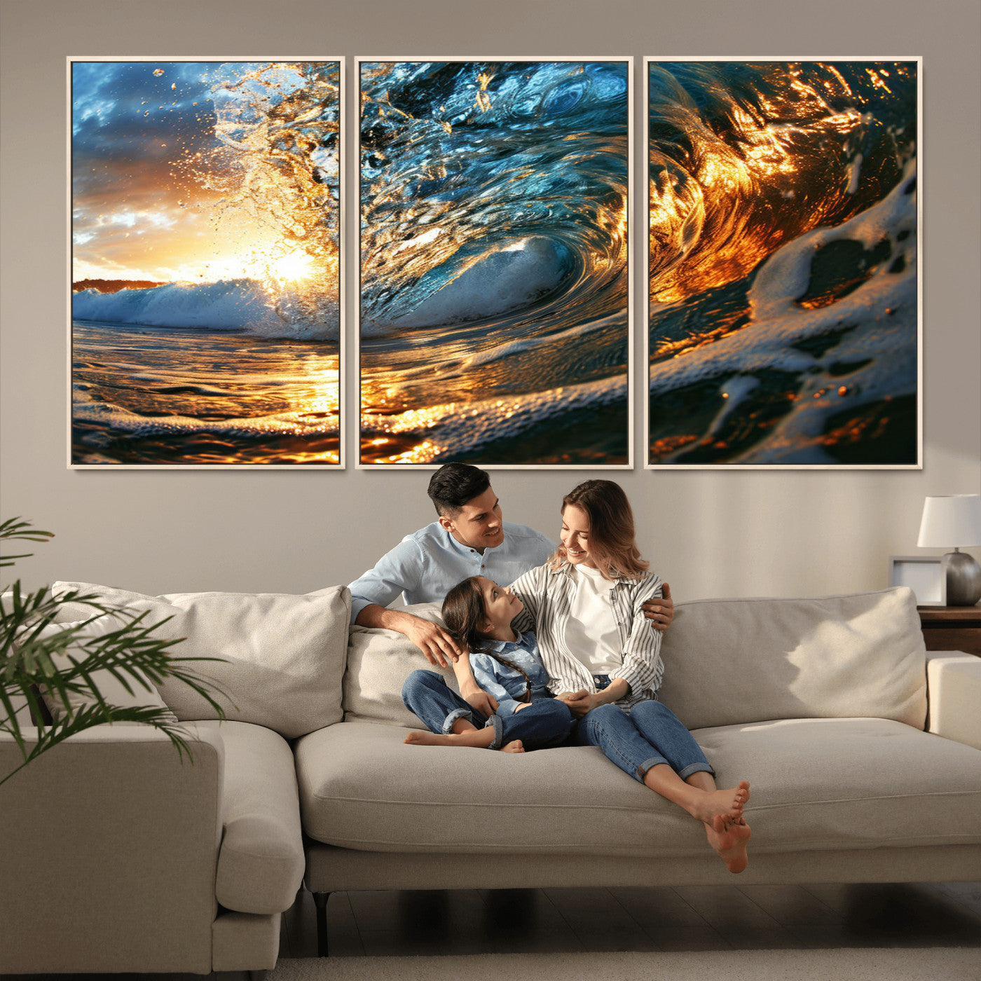 MGV-FC-60X30-3P - Ocean Wave at Sunset Canvas Wall Art – Vibrant Coastal Beach Waves Print, Large Nautical Decor,
