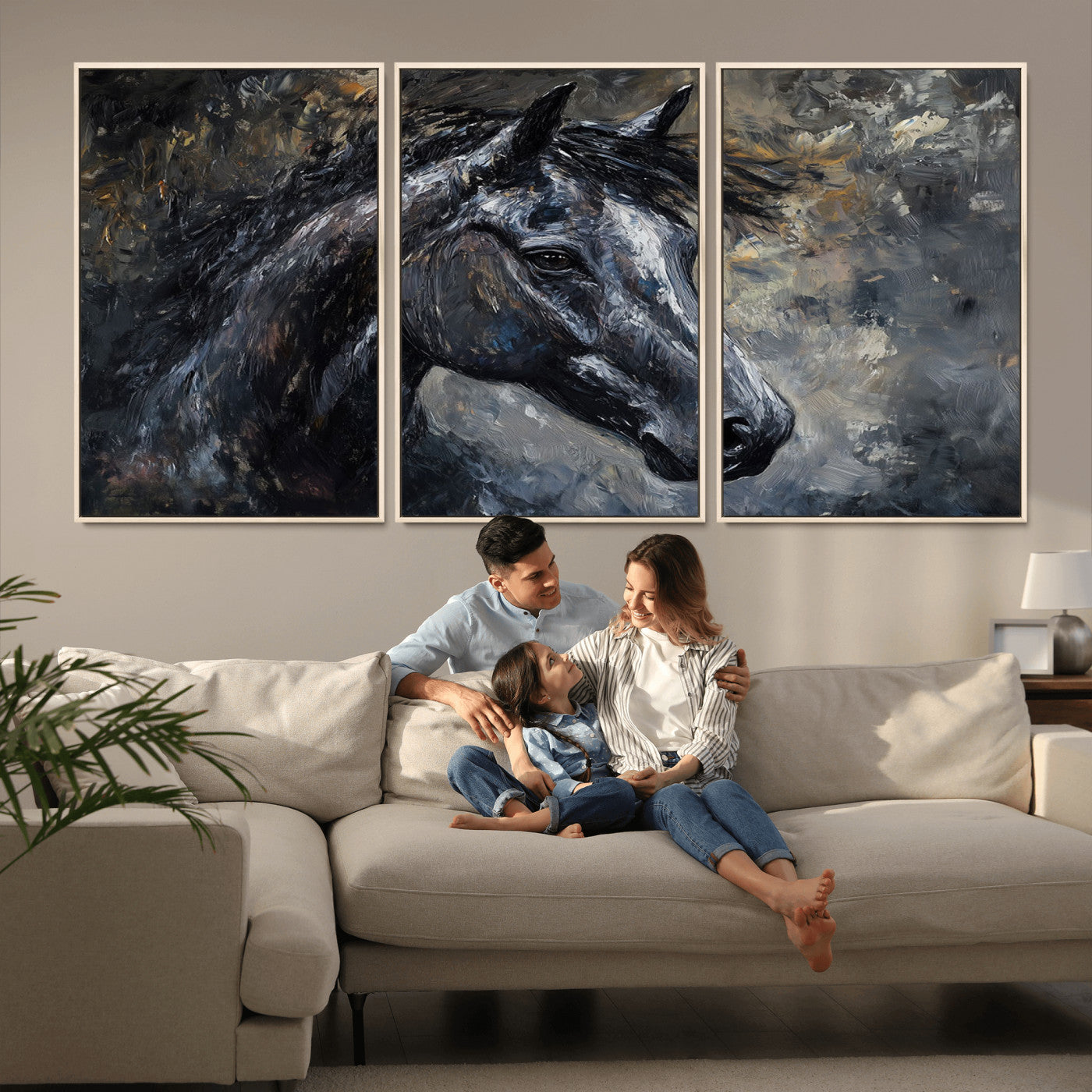 MGV-FC-60X30-3P - Large Abstract Horse Wall Art Canvas Print | Farmhouse Wall Decor | Rustic Horse Art | Western Cabin