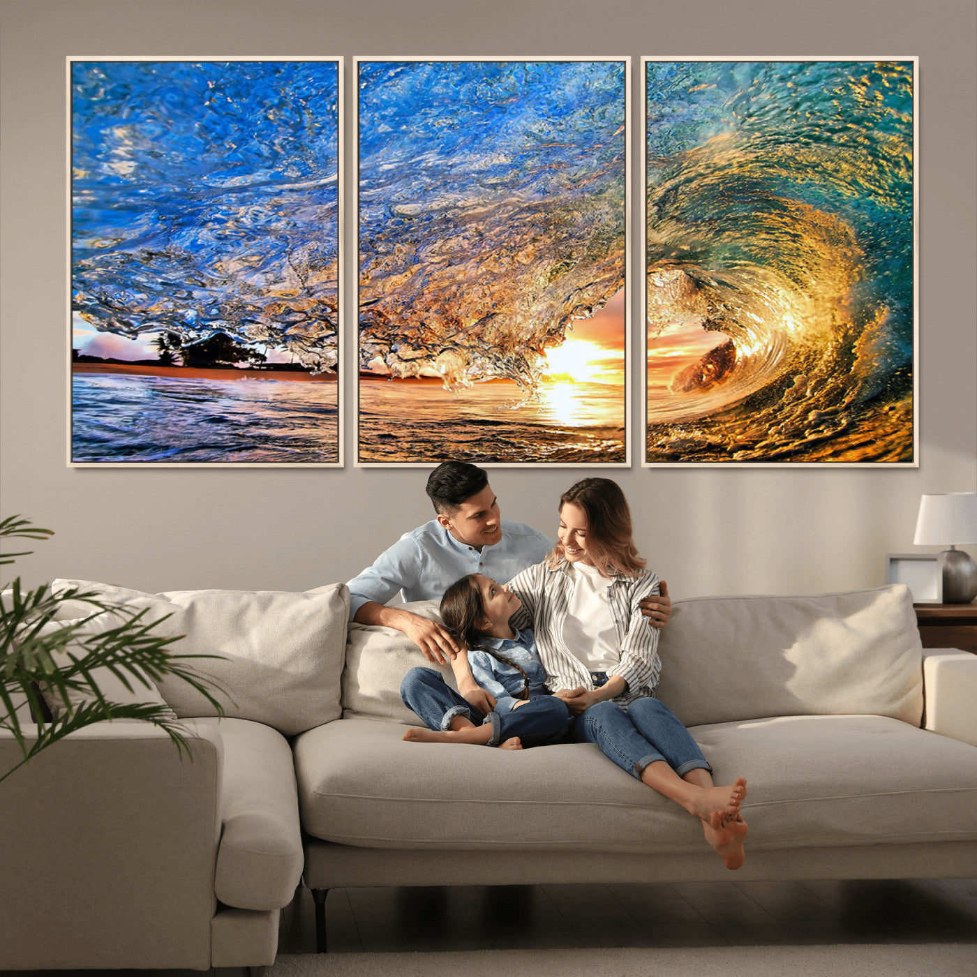MGV-FC-60X30-3P - Ocean Wave at Sunset Canvas Wall Art – Vibrant Coastal Beach Waves Print, Large Nautical Decor,