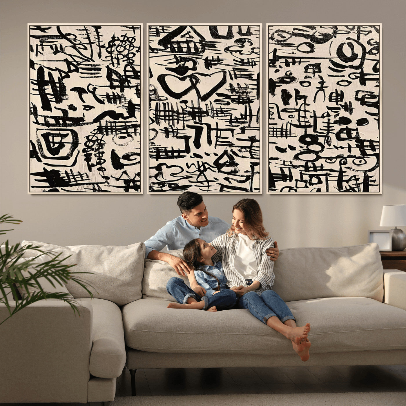 68273-MGV-FC-60X30-3P - Abstract Love and Chaos Canvas Print, Black Symbols on Beige