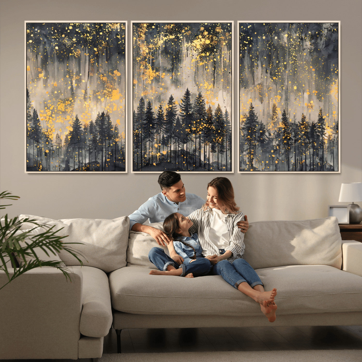 MGV-FC-60X30-3P - Golden Forest Abstract Wall Art | Dark Forest with Gold Splatter Accents | Triptych Ready to Hang