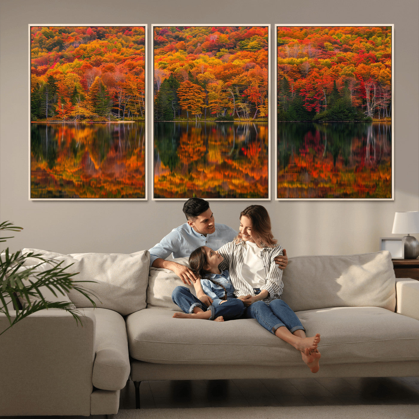 MGV-FC-60X30-3P - Fall Foliage Wall Art - Autumn Reflection Canvas Print, Stunning Fall Foliage Wall Art, Serene Lake