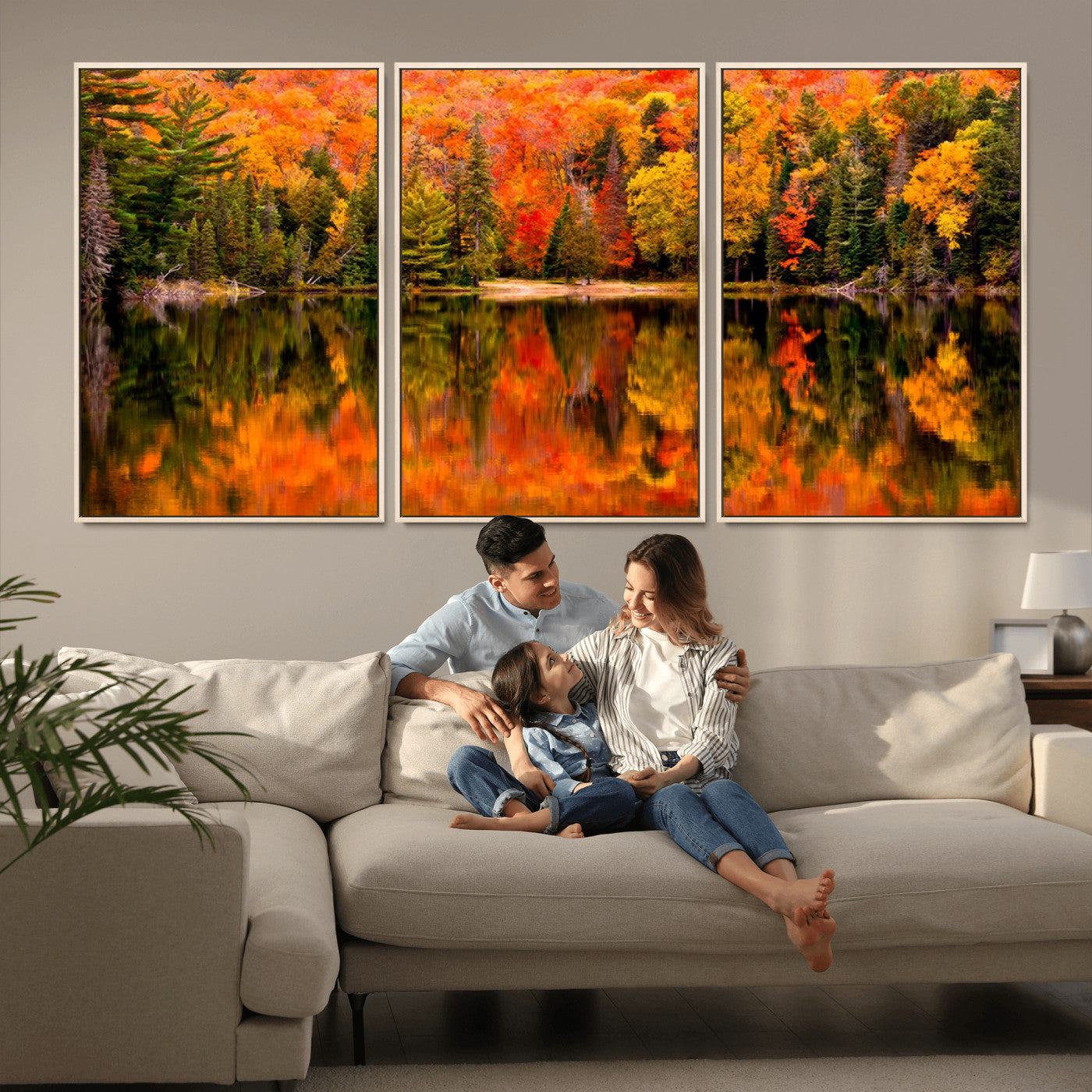 MGV-FC-60X30-3P - Forest Reflection Art | Autumn Forest Reflection Wall Art | Triptych Canvas Print | Vibrant Fall
