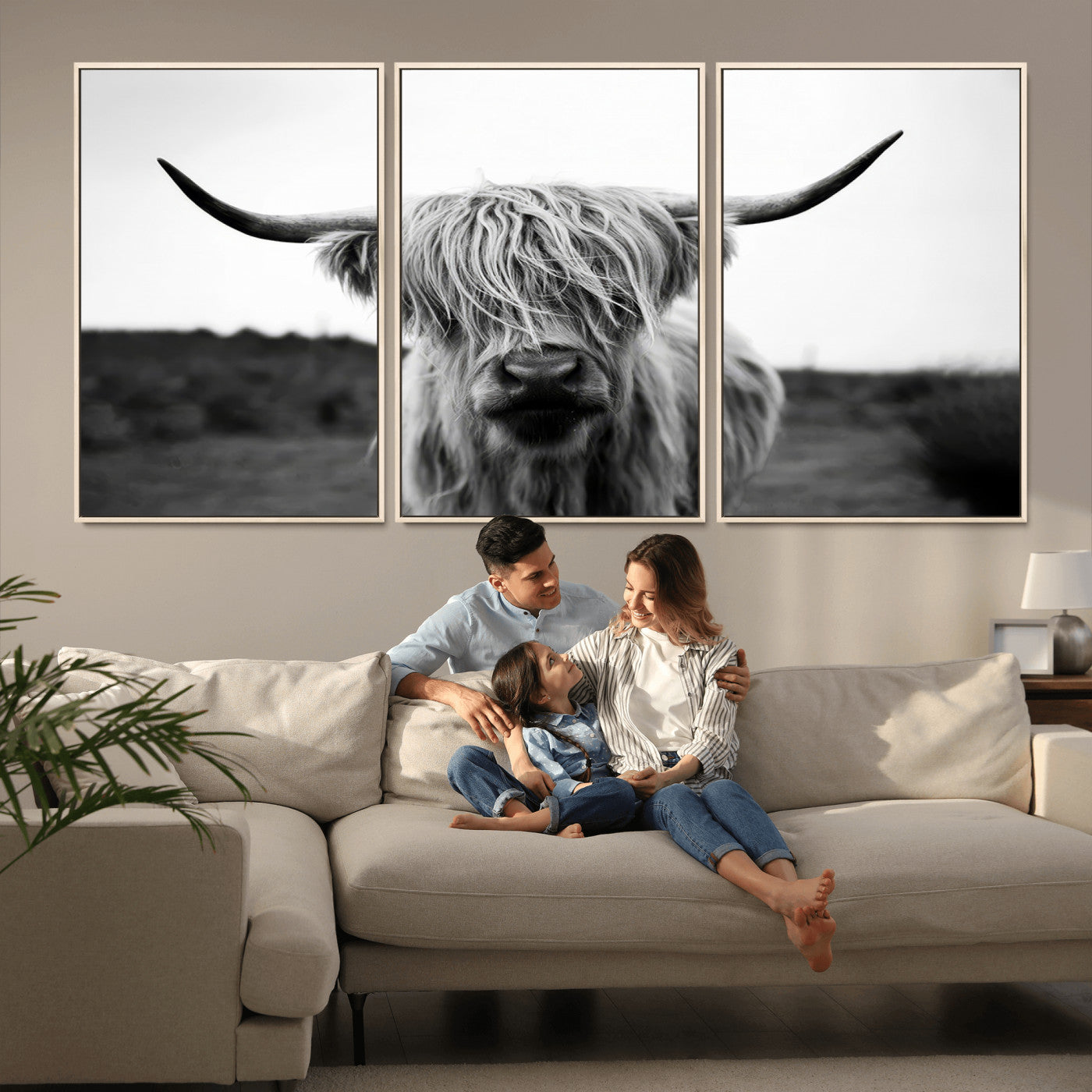 MGV-FC-60X30-3P - Highland Cow Wall Art | Black and White Farmhouse Decor | Triptych Canvas Print | Rustic Barn Decor