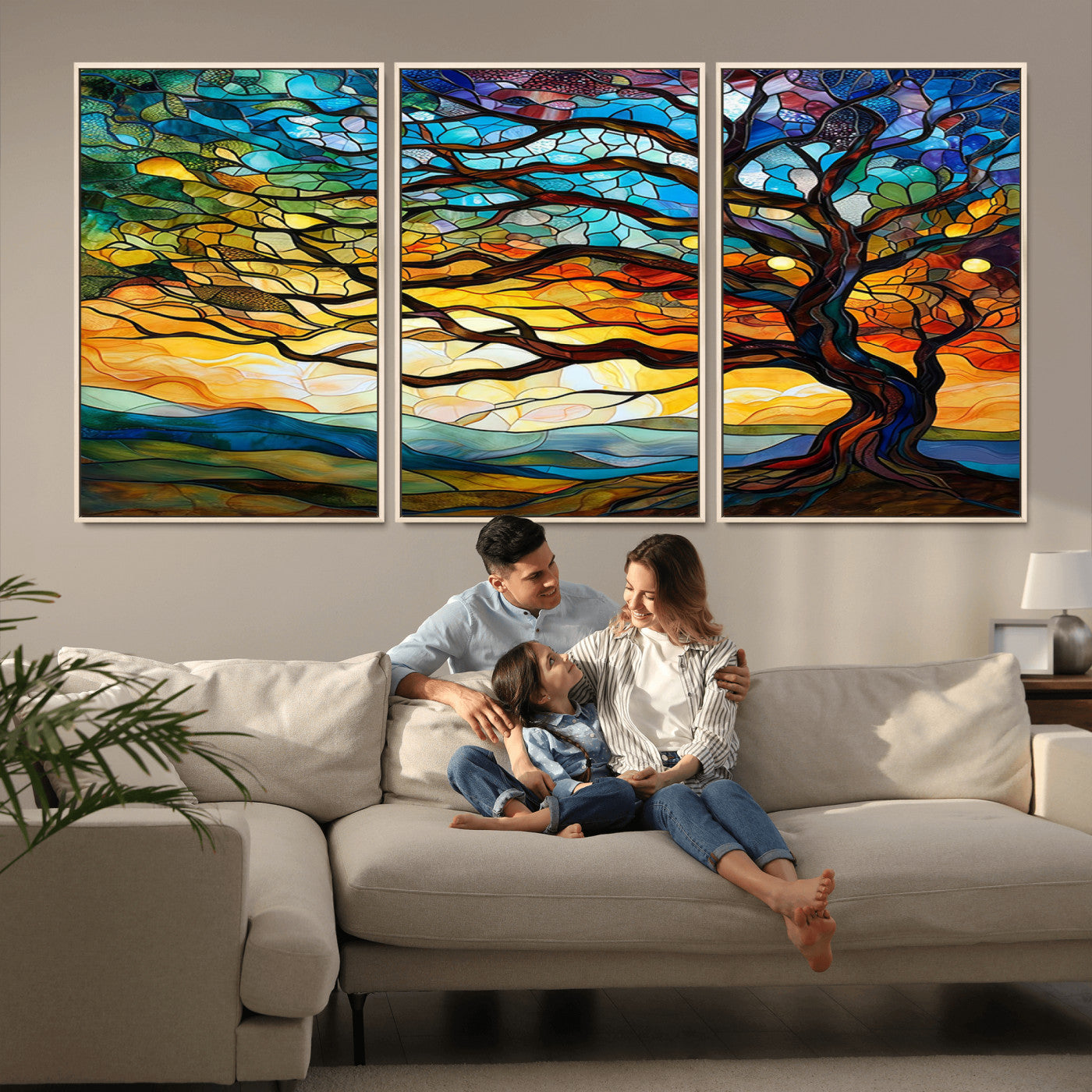 MGV-FC-60X30-3P - Vibrant Mosaic Tree of Life Wall Art | Stained Glass Style Canvas Print | Ready to Hang Artistic
