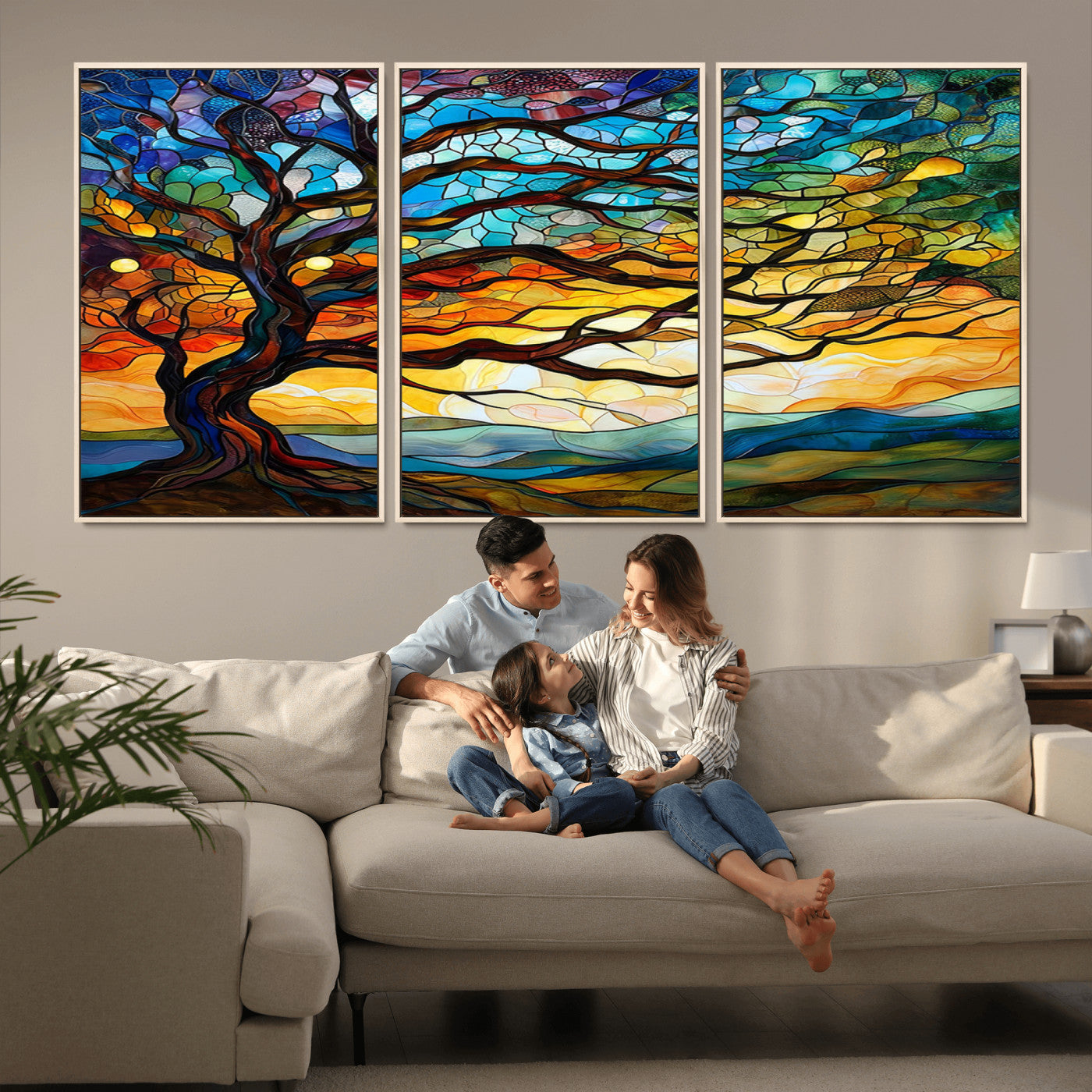 MGV-FC-60X30-3P - Mosaic Tree Wall Art | Ready to Hang Stained Glass Style Canvas Print | Farmhouse Wall Decor, Cabin