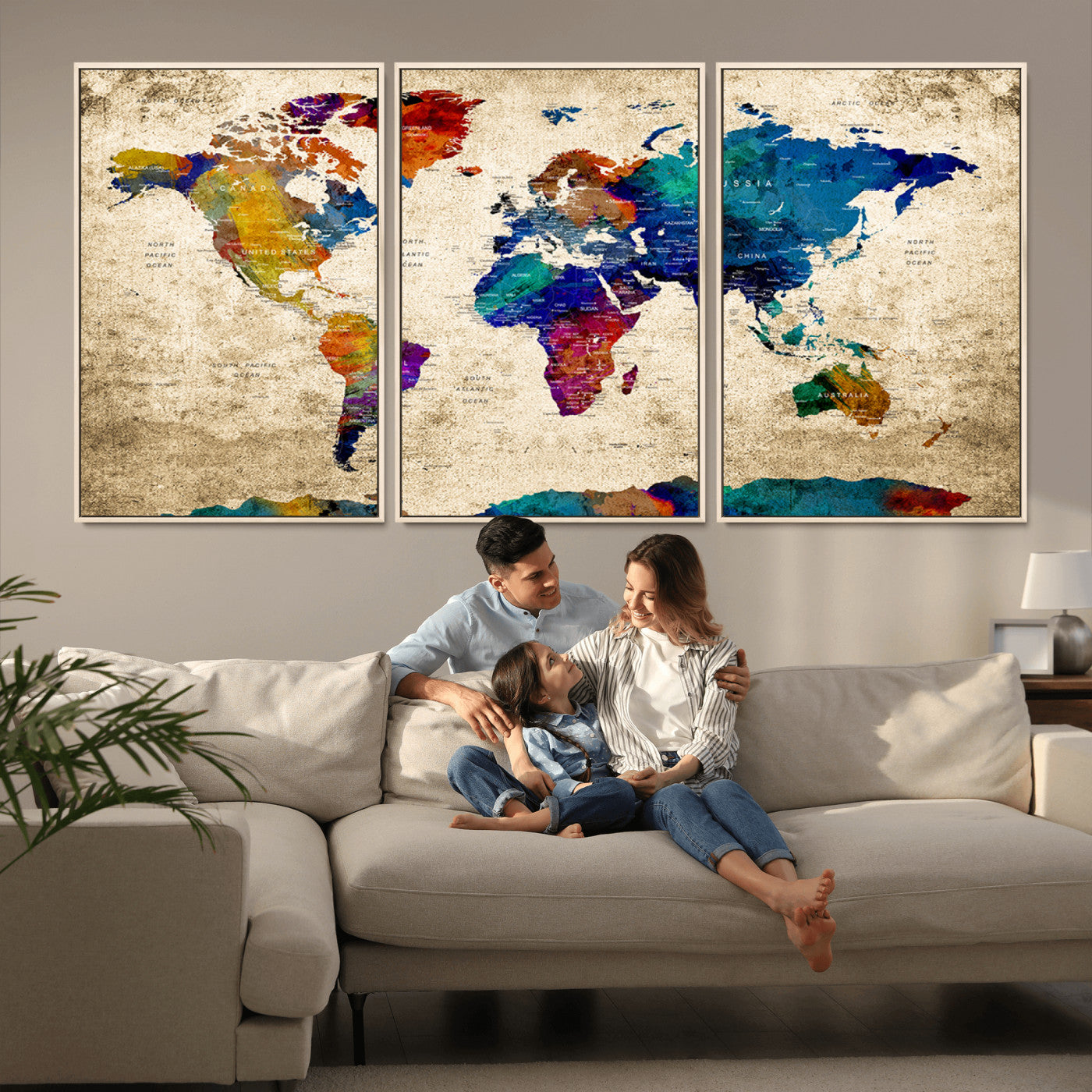 MGV-FC-60X30-3P - Push Pin World Map Canvas Print – Framed Wall Art for Couples to Track Their Travels – Anniversary