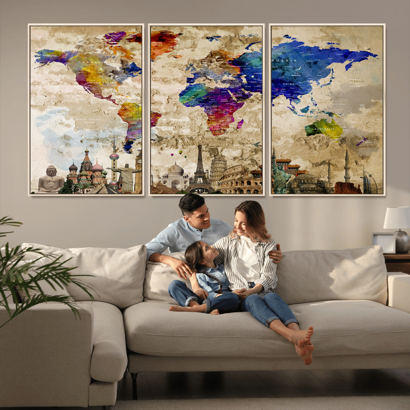 MGV-FC-60X30-3P - Push Pin World Map Canvas Print – Framed Wall Art for Couples to Track Their Travels – Anniversary